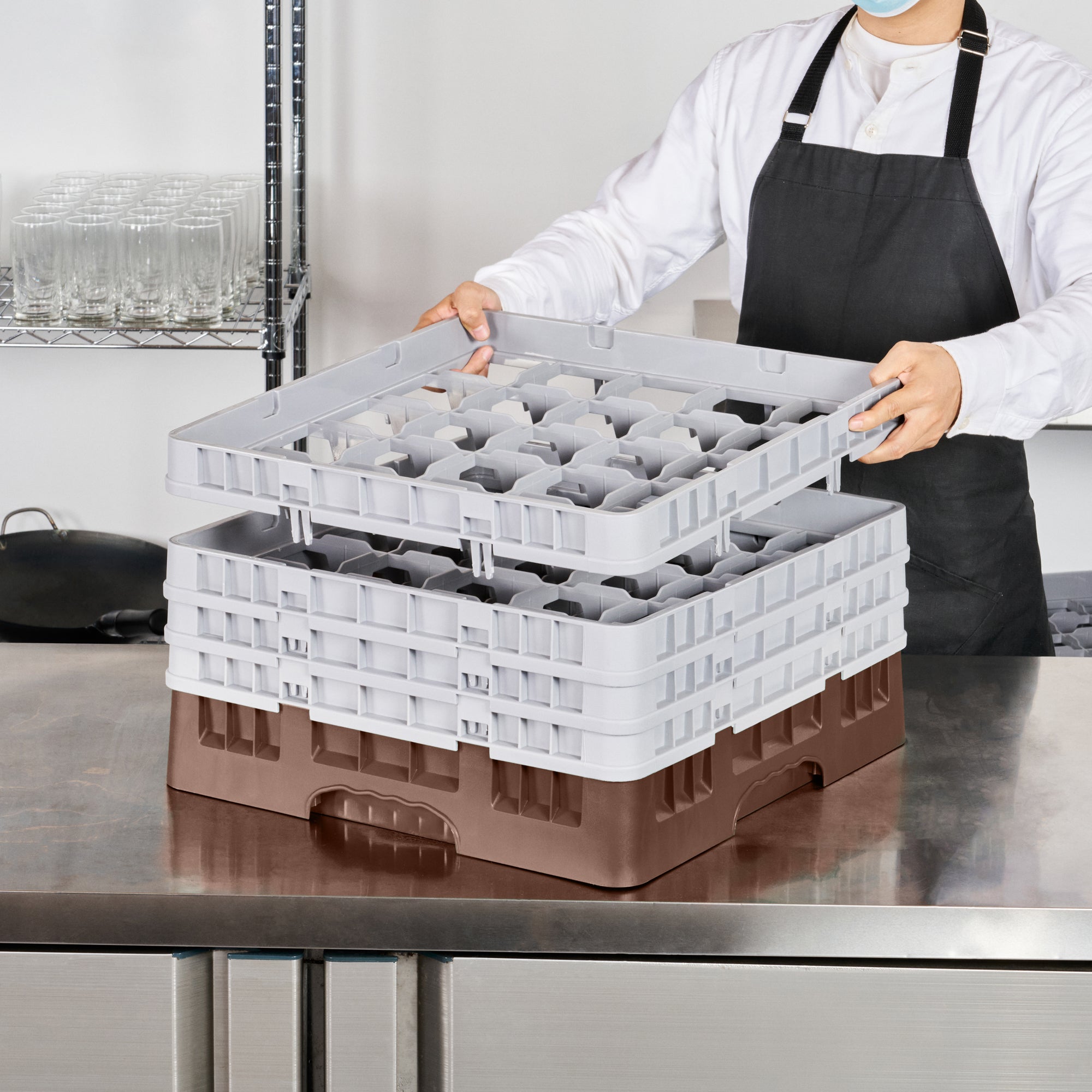 Clean Tek Professional Brown Glass Rack - 25 Compartments, 1 Full Drop and 3 Half Drop Extenders - 19 3/4" x 19 3/4" x 10 1/2" - 1 count box