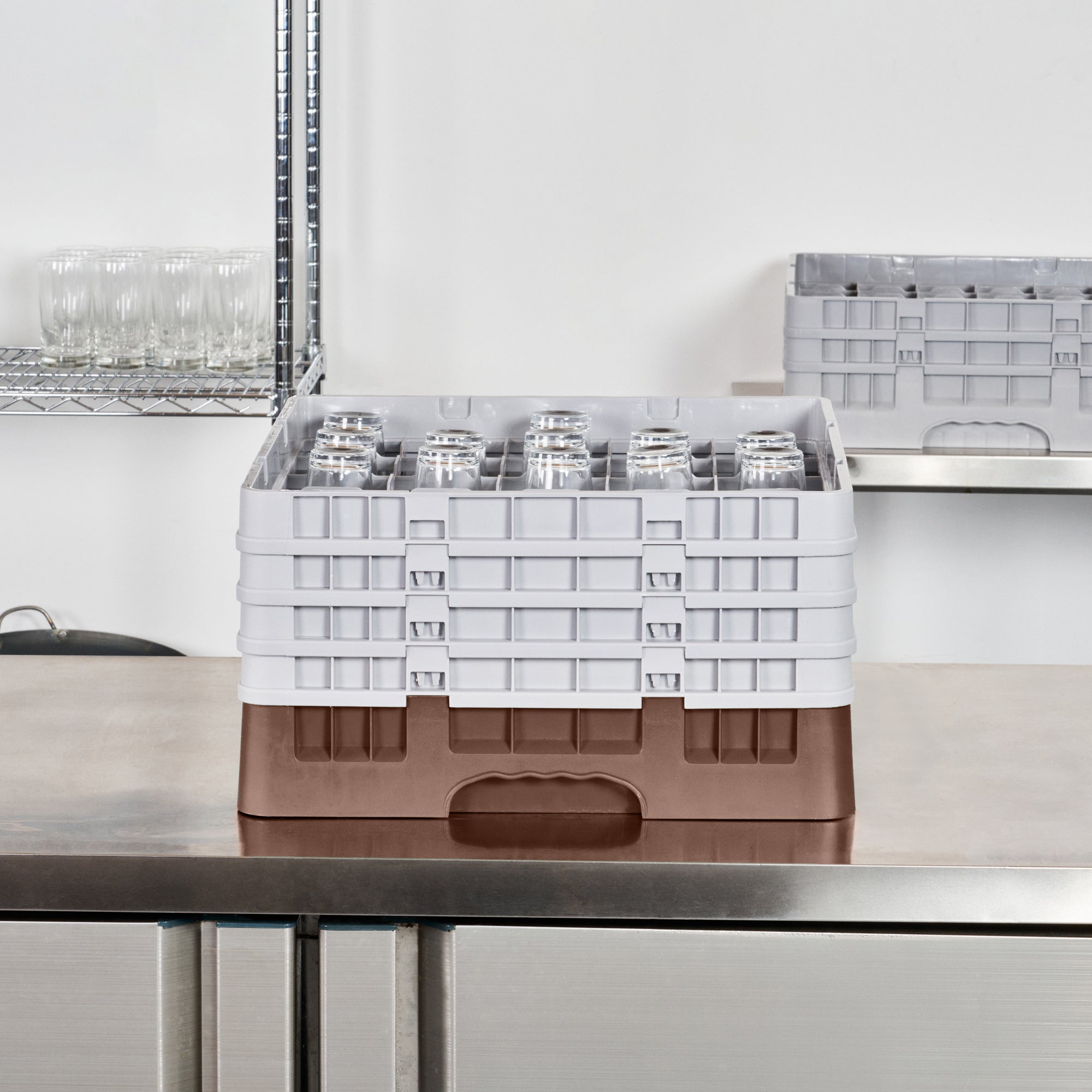 Clean Tek Professional Brown Glass Rack - 25 Compartments, 1 Full Drop and 3 Half Drop Extenders - 19 3/4" x 19 3/4" x 10 1/2" - 1 count box