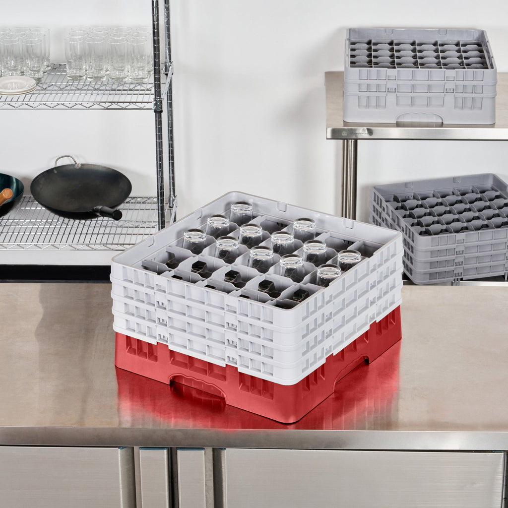 Clean Tek Professional Red Glass Rack - 25 Compartments, 1 Full Drop and 3 Half Drop Extenders - 19 3/4" x 19 3/4" x 10 1/2" - 1 count box