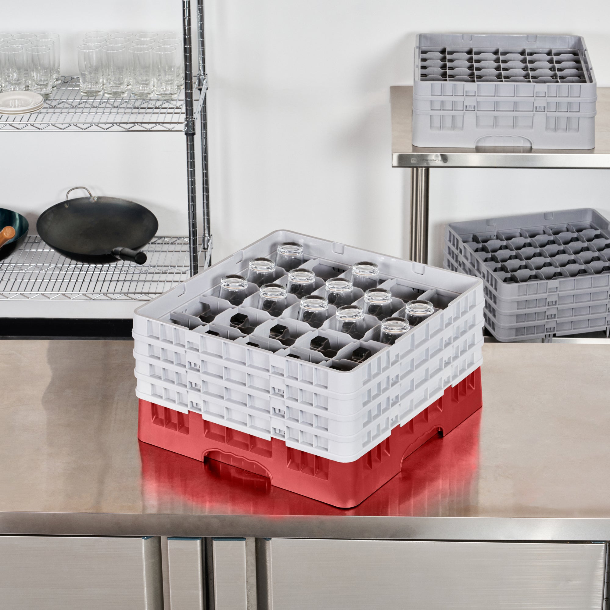 Clean Tek Professional Red Glass Rack - 25 Compartments, 1 Full Drop and 3 Half Drop Extenders - 19 3/4" x 19 3/4" x 10 1/2" - 1 count box