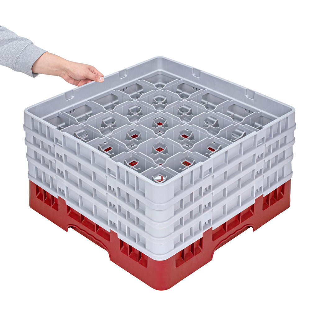 Clean Tek Professional Red Glass Rack - 25 Compartments, 1 Full Drop and 3 Half Drop Extenders - 19 3/4" x 19 3/4" x 10 1/2" - 1 count box