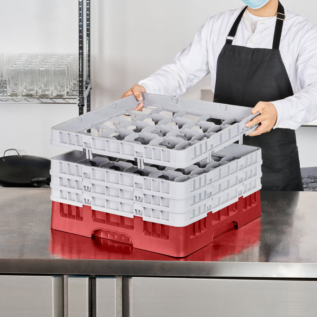 Clean Tek Professional Red Glass Rack - 25 Compartments, 1 Full Drop and 3 Half Drop Extenders - 19 3/4" x 19 3/4" x 10 1/2" - 1 count box