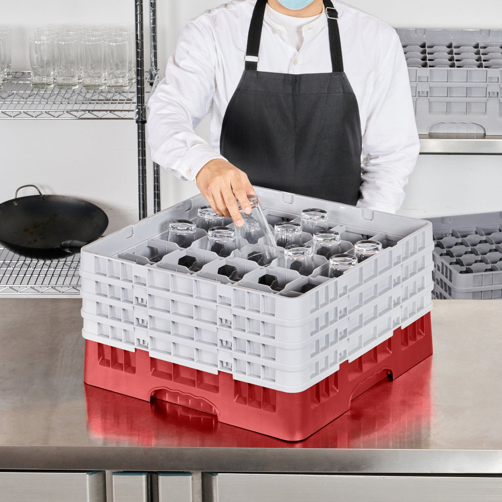 Clean Tek Professional Red Glass Rack - 25 Compartments, 1 Full Drop and 3 Half Drop Extenders - 19 3/4" x 19 3/4" x 10 1/2" - 1 count box