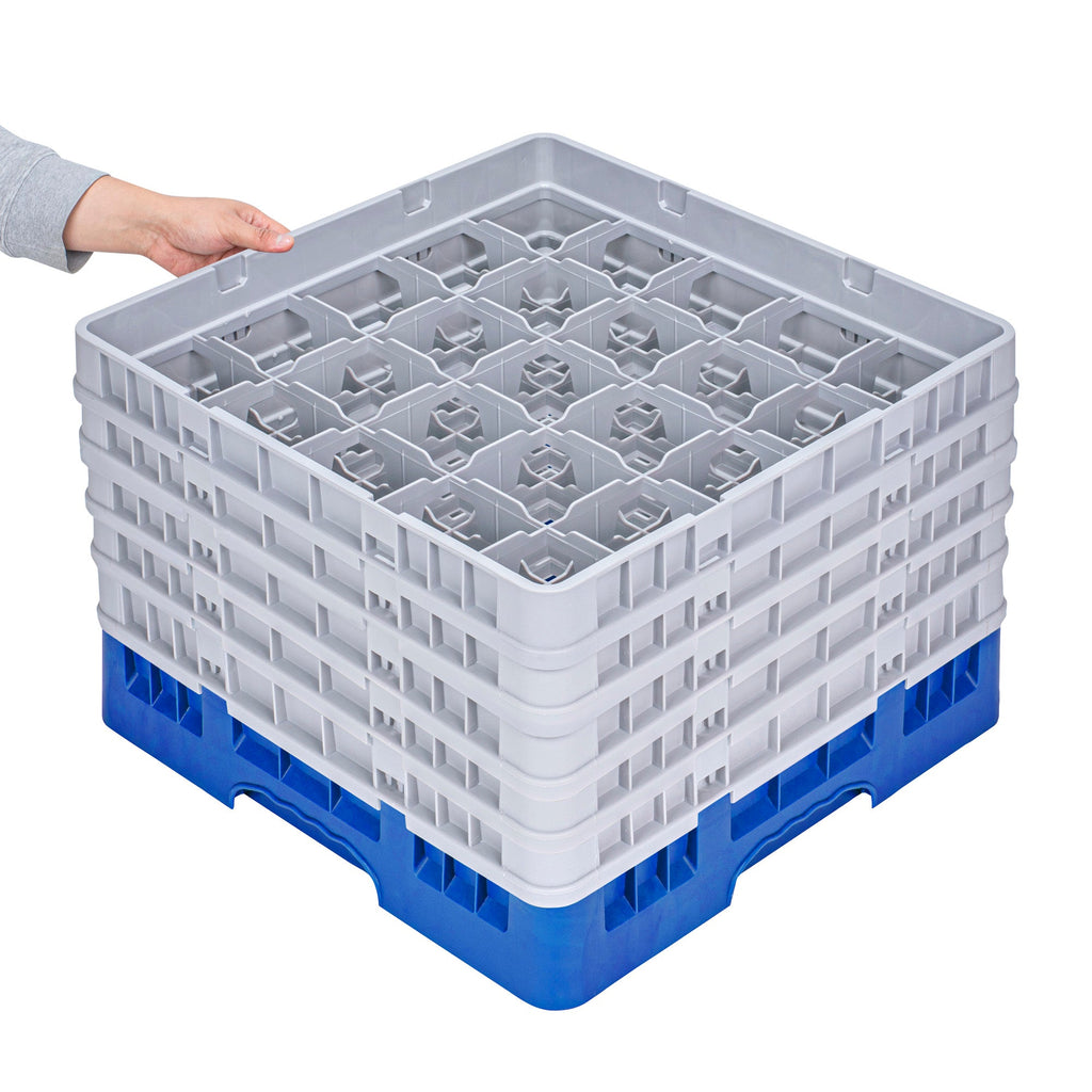 Clean Tek Professional Blue Glass Rack - 25 Compartments, 1 Full Drop and 4 Half Drop Extenders - 19 3/4" x 19 3/4" x 12 1/4" - 1 count box