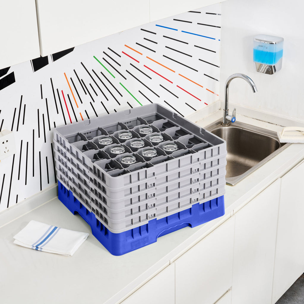 Clean Tek Professional Blue Glass Rack - 25 Compartments, 1 Full Drop and 4 Half Drop Extenders - 19 3/4" x 19 3/4" x 12 1/4" - 1 count box
