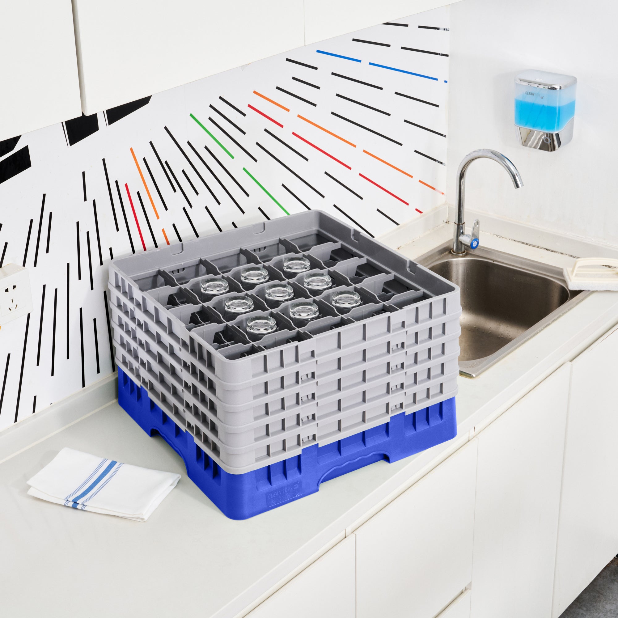 Clean Tek Professional Blue Glass Rack - 25 Compartments, 1 Full Drop and 4 Half Drop Extenders - 19 3/4" x 19 3/4" x 12 1/4" - 1 count box