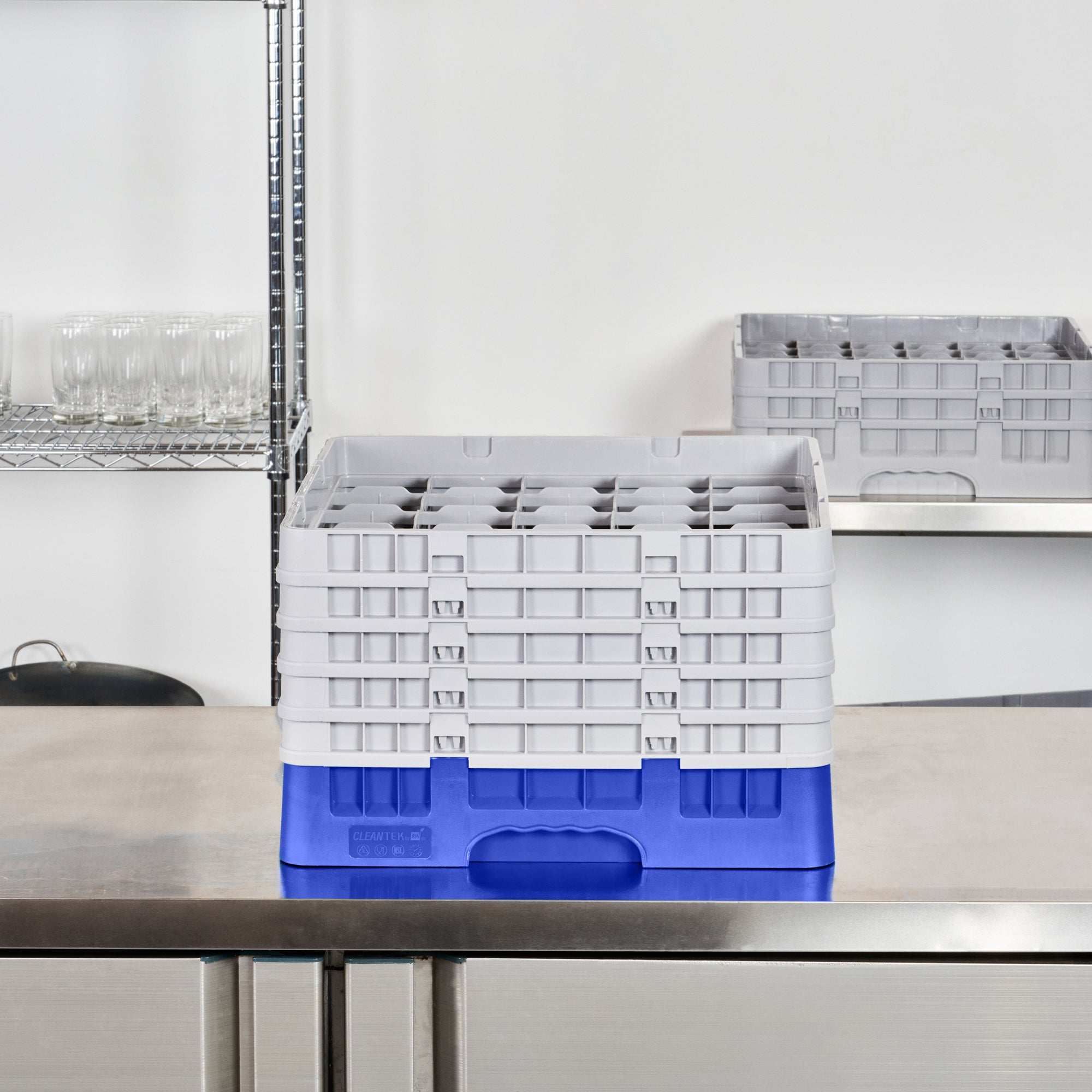 Clean Tek Professional Blue Glass Rack - 25 Compartments, 1 Full Drop and 4 Half Drop Extenders - 19 3/4" x 19 3/4" x 12 1/4" - 1 count box