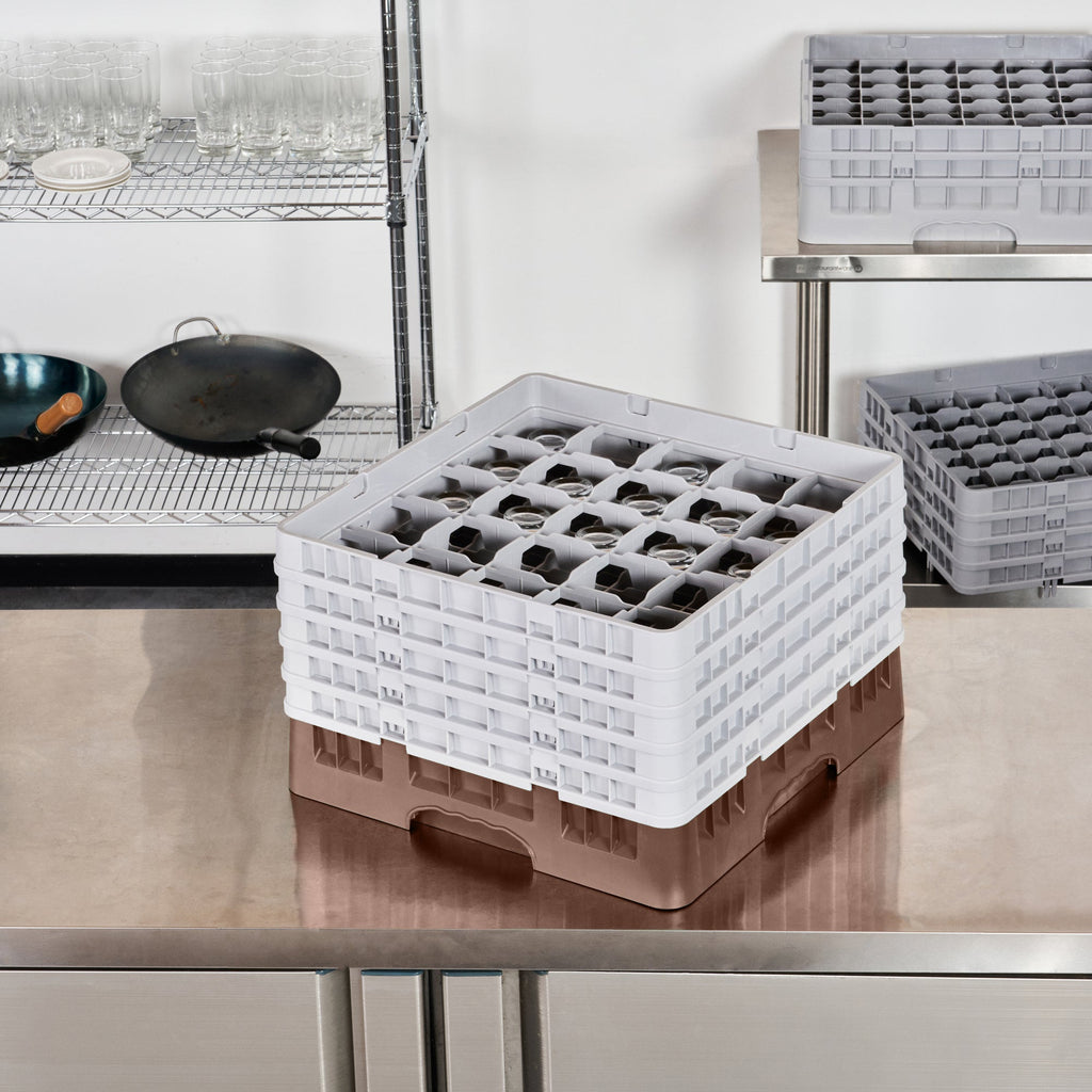 Clean Tek Professional Brown Glass Rack - 25 Compartments, 1 Full Drop and 4 Half Drop Extenders - 19 3/4" x 19 3/4" x 12 1/4" - 1 count box
