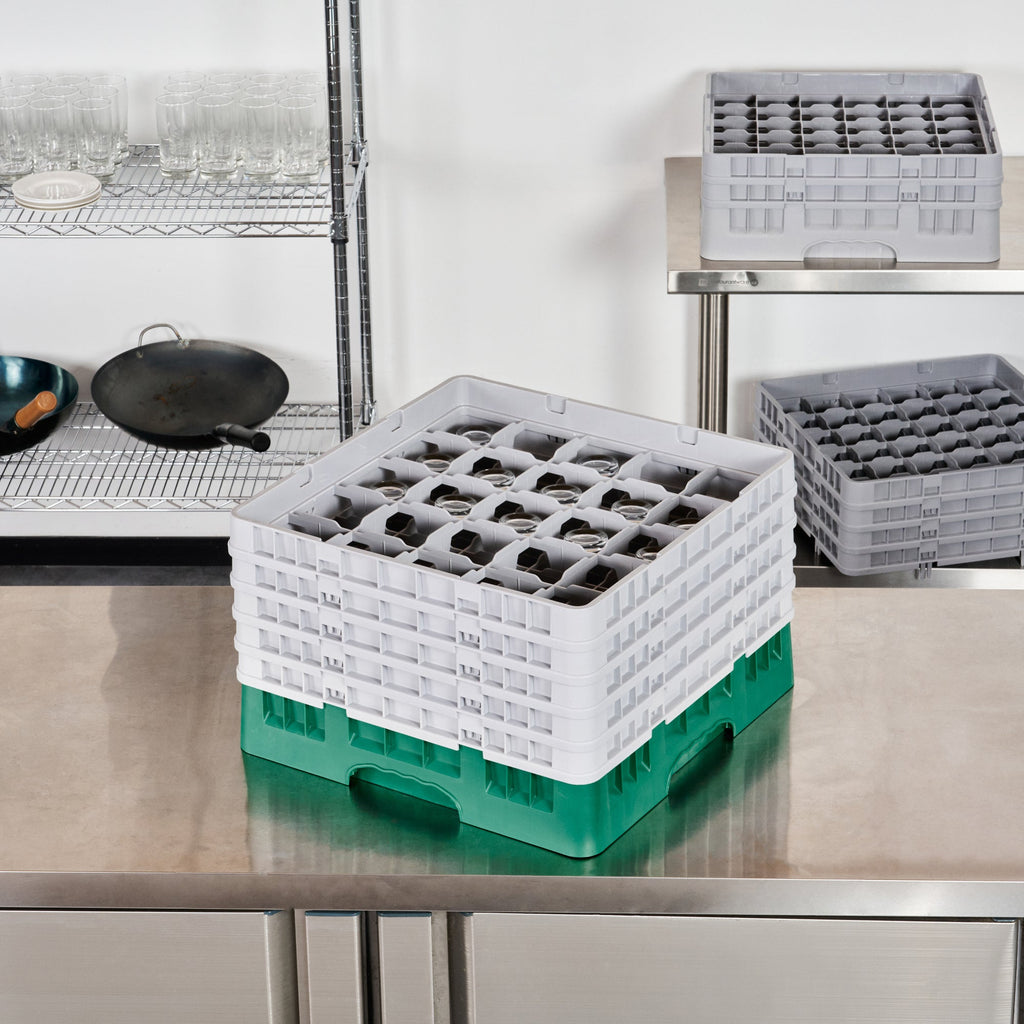 Clean Tek Professional Green Glass Rack - 25 Compartments, 1 Full Drop and 4 Half Drop Extenders - 19 3/4" x 19 3/4" x 12 1/4" - 1 count box