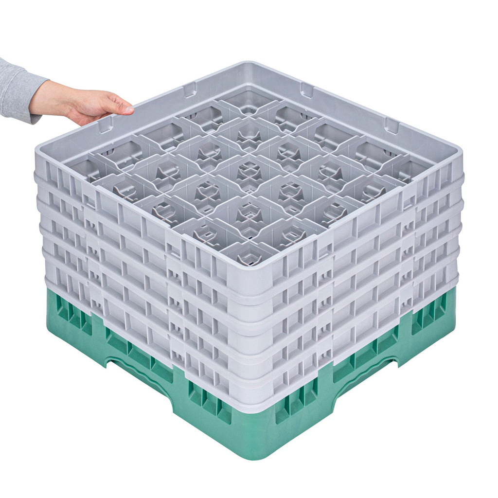 Clean Tek Professional Green Glass Rack - 25 Compartments, 1 Full Drop and 4 Half Drop Extenders - 19 3/4" x 19 3/4" x 12 1/4" - 1 count box