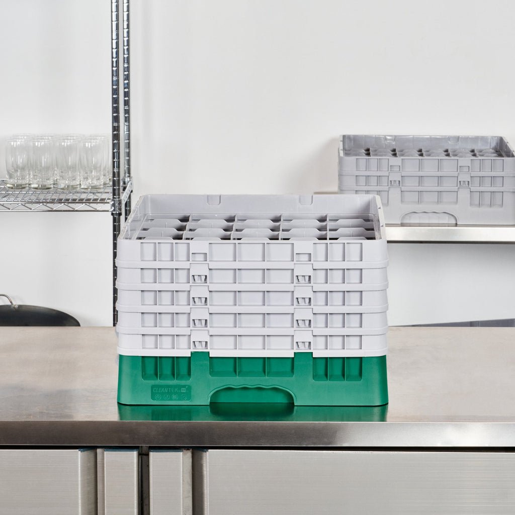 Clean Tek Professional Green Glass Rack - 25 Compartments, 1 Full Drop and 4 Half Drop Extenders - 19 3/4" x 19 3/4" x 12 1/4" - 1 count box