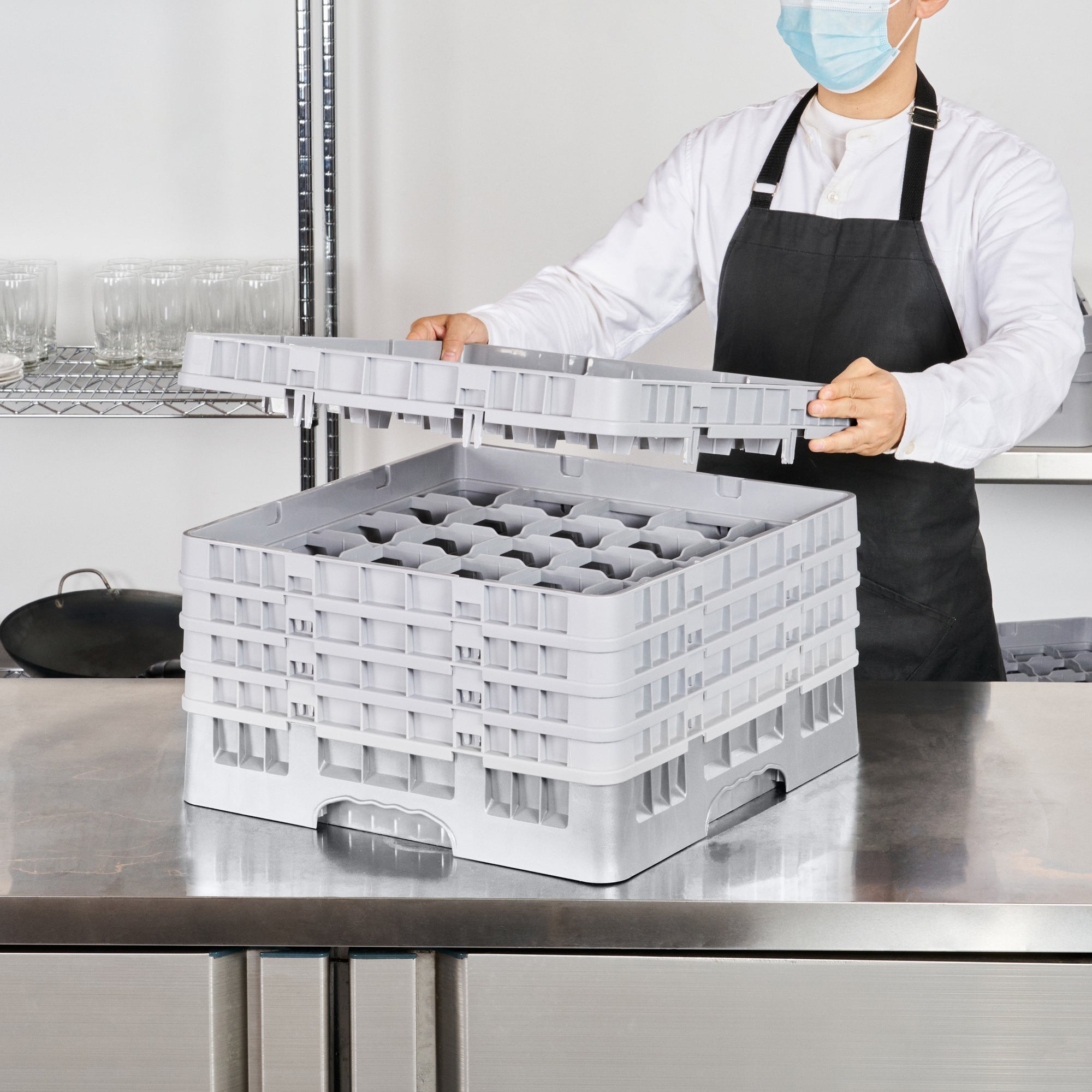 Clean Tek Professional Gray Glass Rack - 25 Compartments, 1 Full Drop and 4 Half Drop Extenders - 19 3/4" x 19 3/4" x 12 1/4" - 1 count box