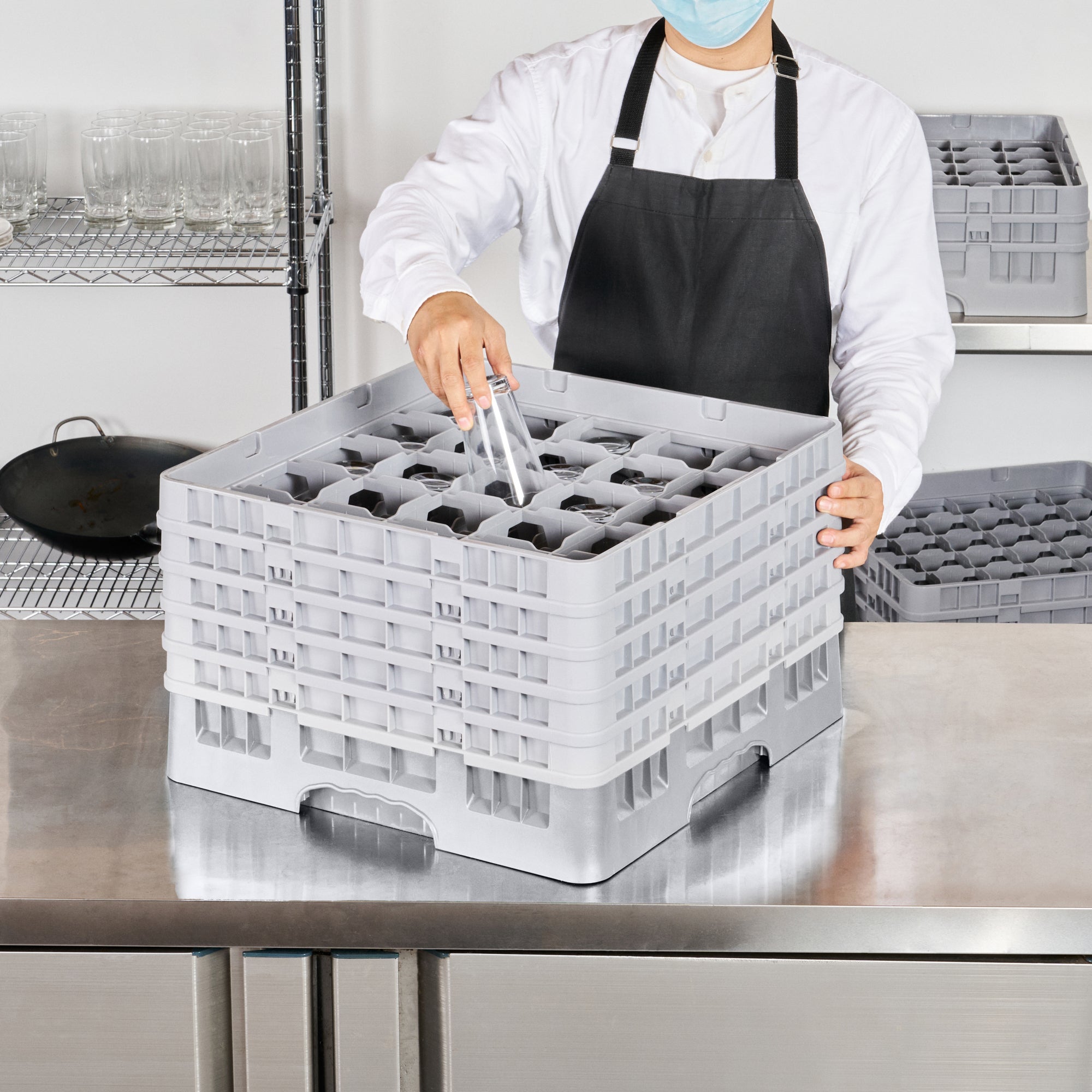 Clean Tek Professional Gray Glass Rack - 25 Compartments, 1 Full Drop and 4 Half Drop Extenders - 19 3/4" x 19 3/4" x 12 1/4" - 1 count box