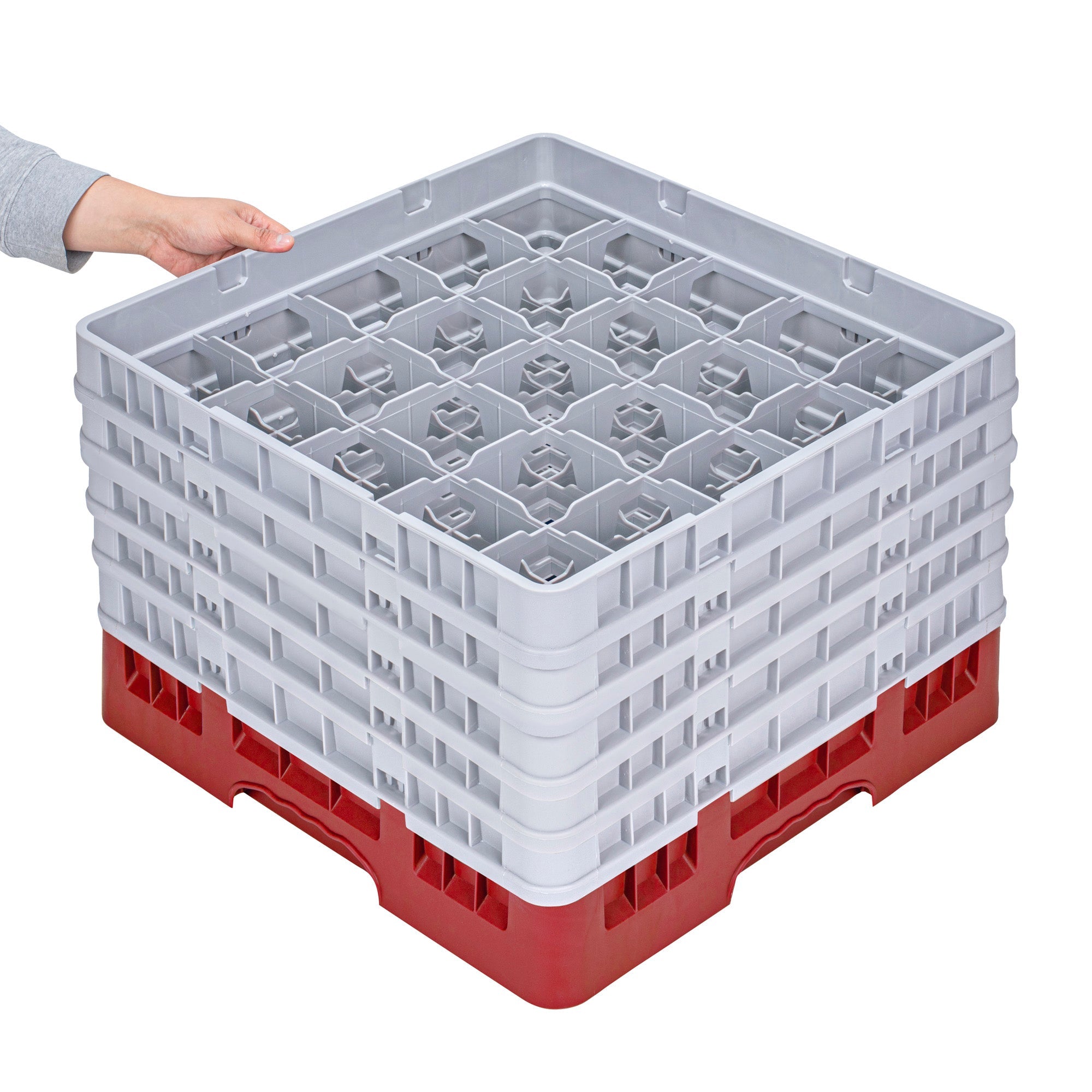Clean Tek Professional Red Glass Rack - 25 Compartments, 1 Full Drop and 4 Half Drop Extenders - 19 3/4" x 19 3/4" x 12 1/4" - 1 count box