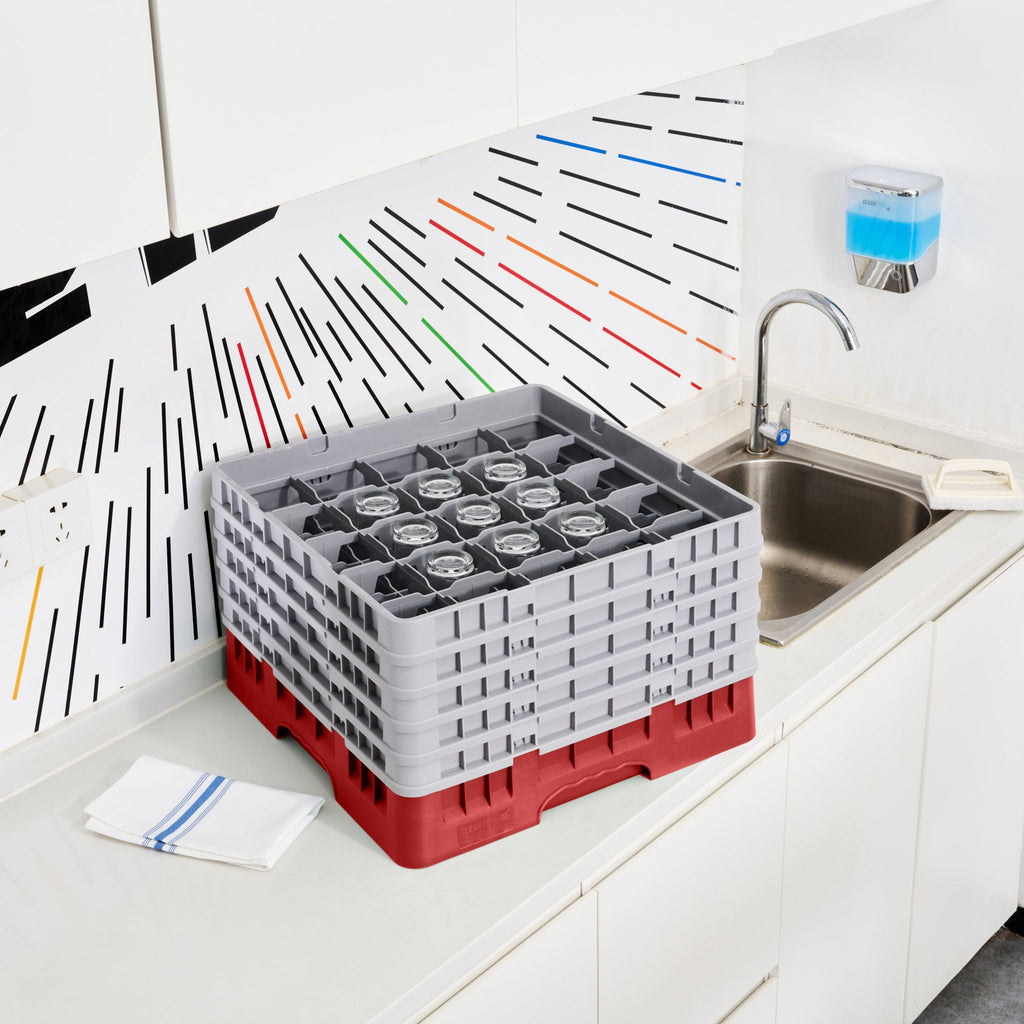 Clean Tek Professional Red Glass Rack - 25 Compartments, 1 Full Drop and 4 Half Drop Extenders - 19 3/4" x 19 3/4" x 12 1/4" - 1 count box