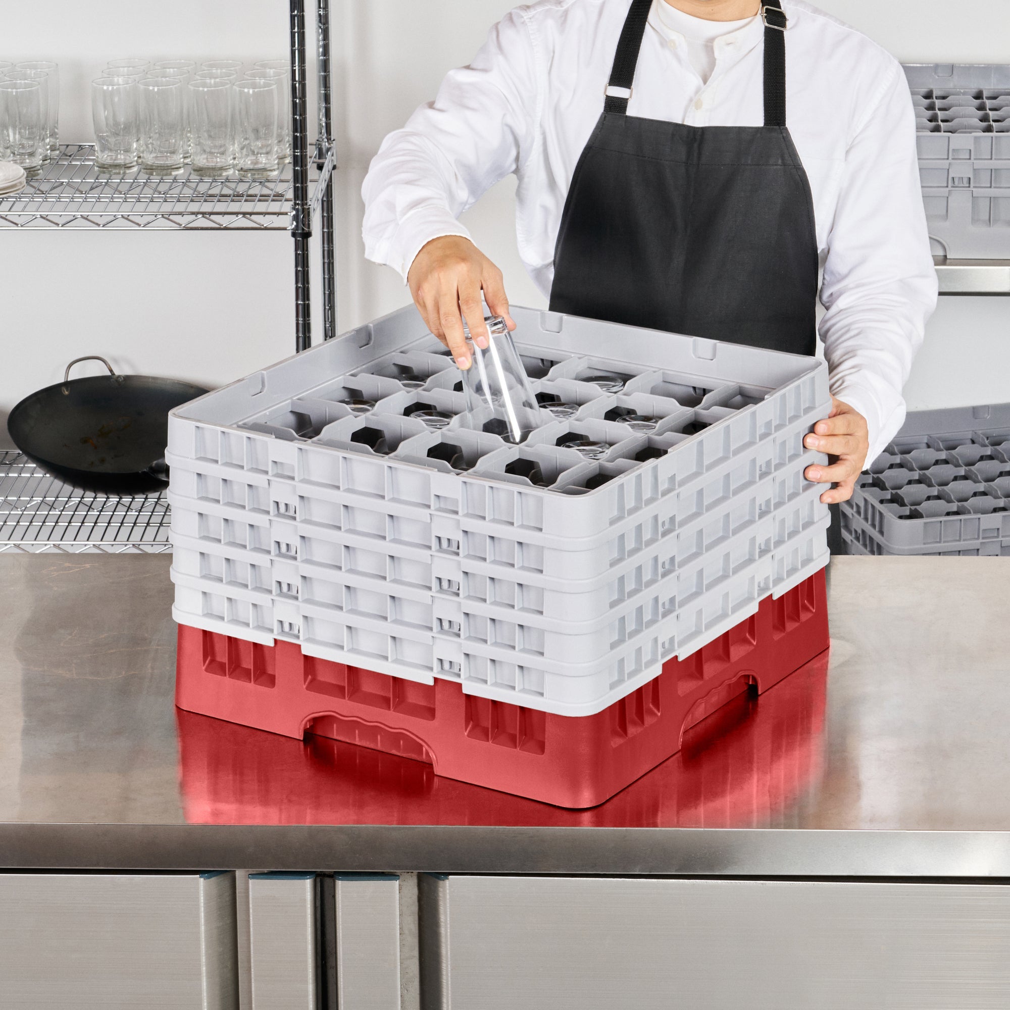 Clean Tek Professional Red Glass Rack - 25 Compartments, 1 Full Drop and 4 Half Drop Extenders - 19 3/4" x 19 3/4" x 12 1/4" - 1 count box
