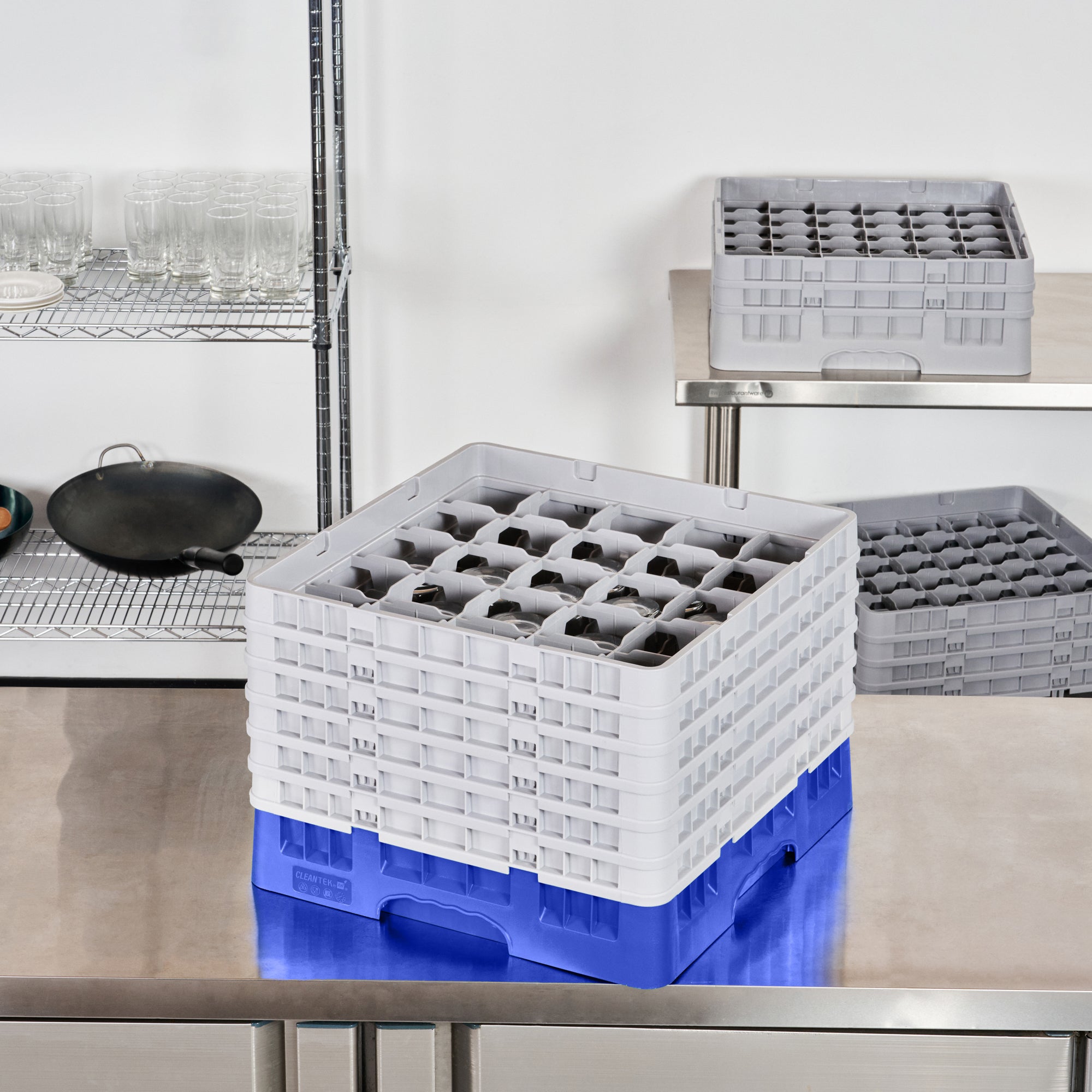 Clean Tek Professional Blue Glass Rack - 25 Compartments, 1 Full Drop and 5 Half Drop Extenders - 19 3/4" x 19 3/4" x 13 3/4" - 1 count box