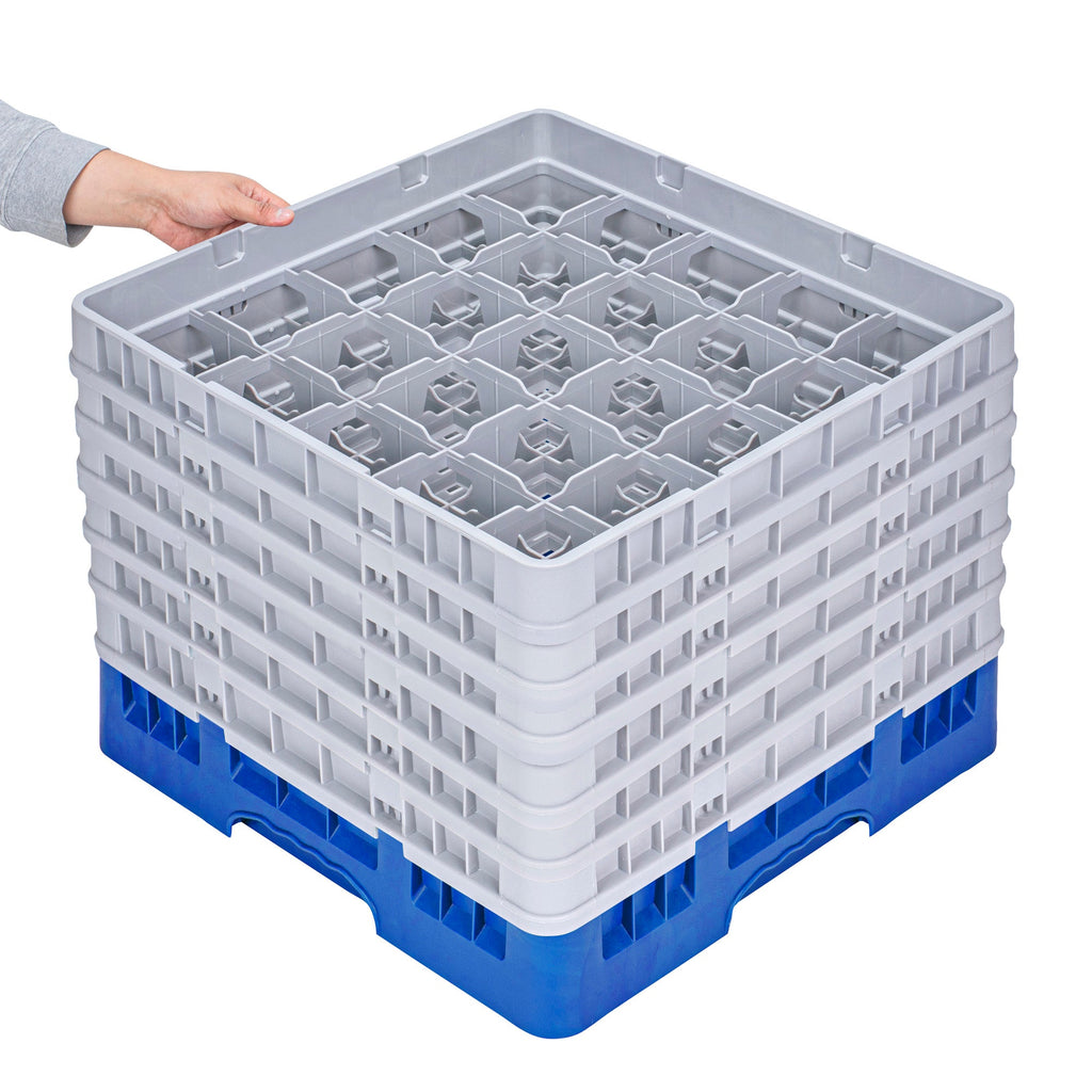 Clean Tek Professional Blue Glass Rack - 25 Compartments, 1 Full Drop and 5 Half Drop Extenders - 19 3/4" x 19 3/4" x 13 3/4" - 1 count box