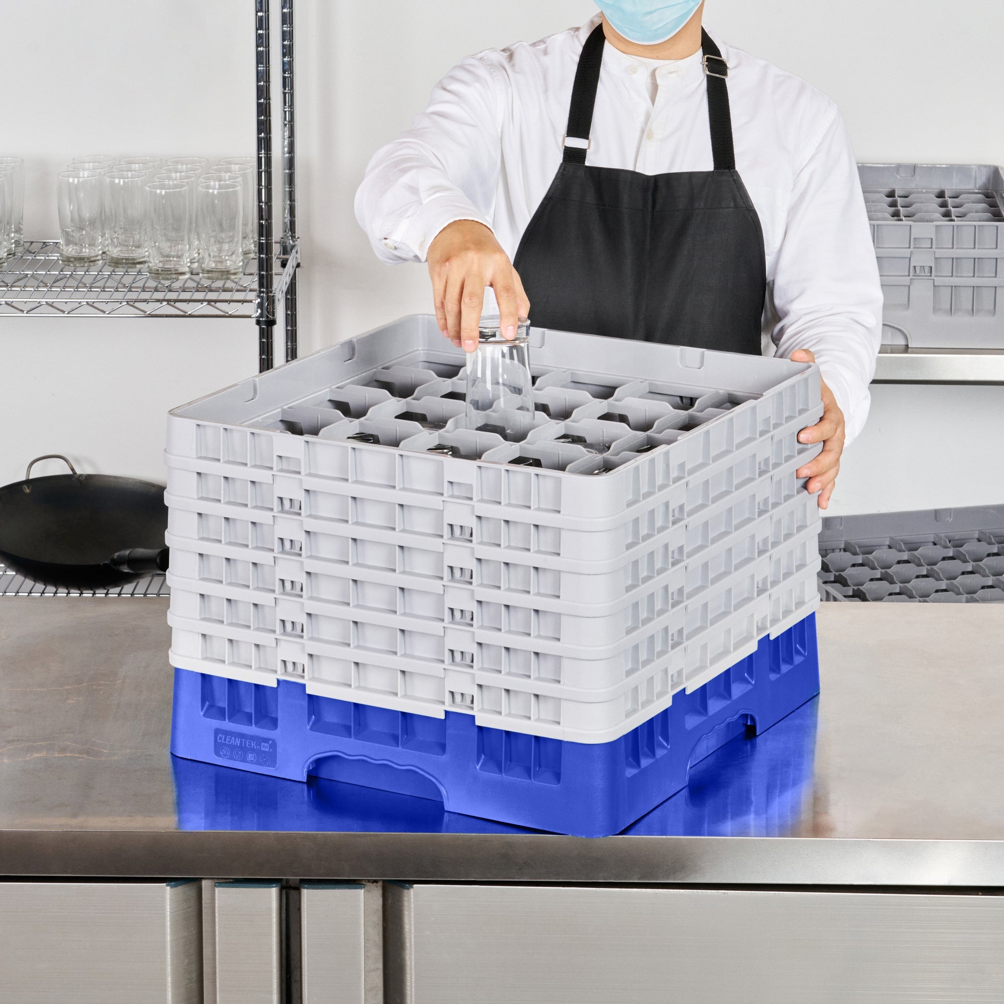 Clean Tek Professional Blue Glass Rack - 25 Compartments, 1 Full Drop and 5 Half Drop Extenders - 19 3/4" x 19 3/4" x 13 3/4" - 1 count box