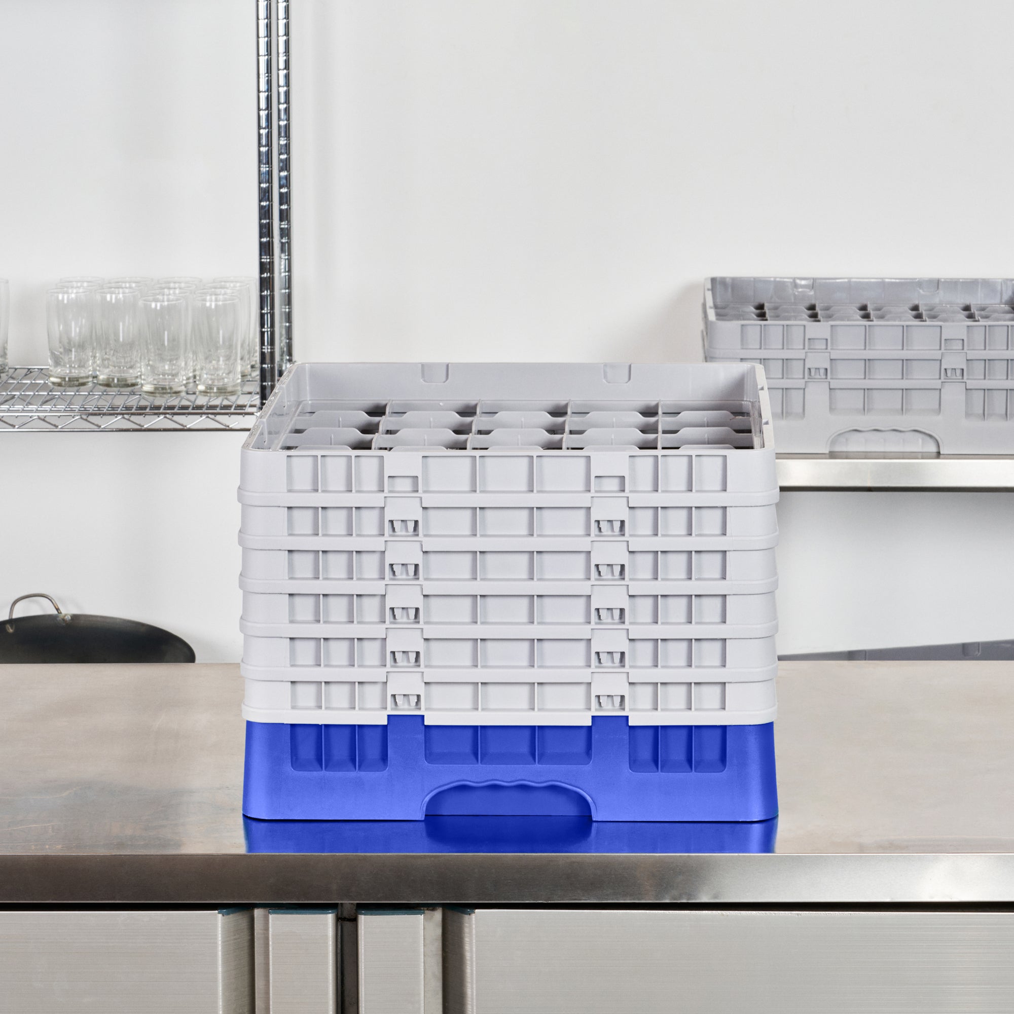 Clean Tek Professional Blue Glass Rack - 25 Compartments, 1 Full Drop and 5 Half Drop Extenders - 19 3/4" x 19 3/4" x 13 3/4" - 1 count box