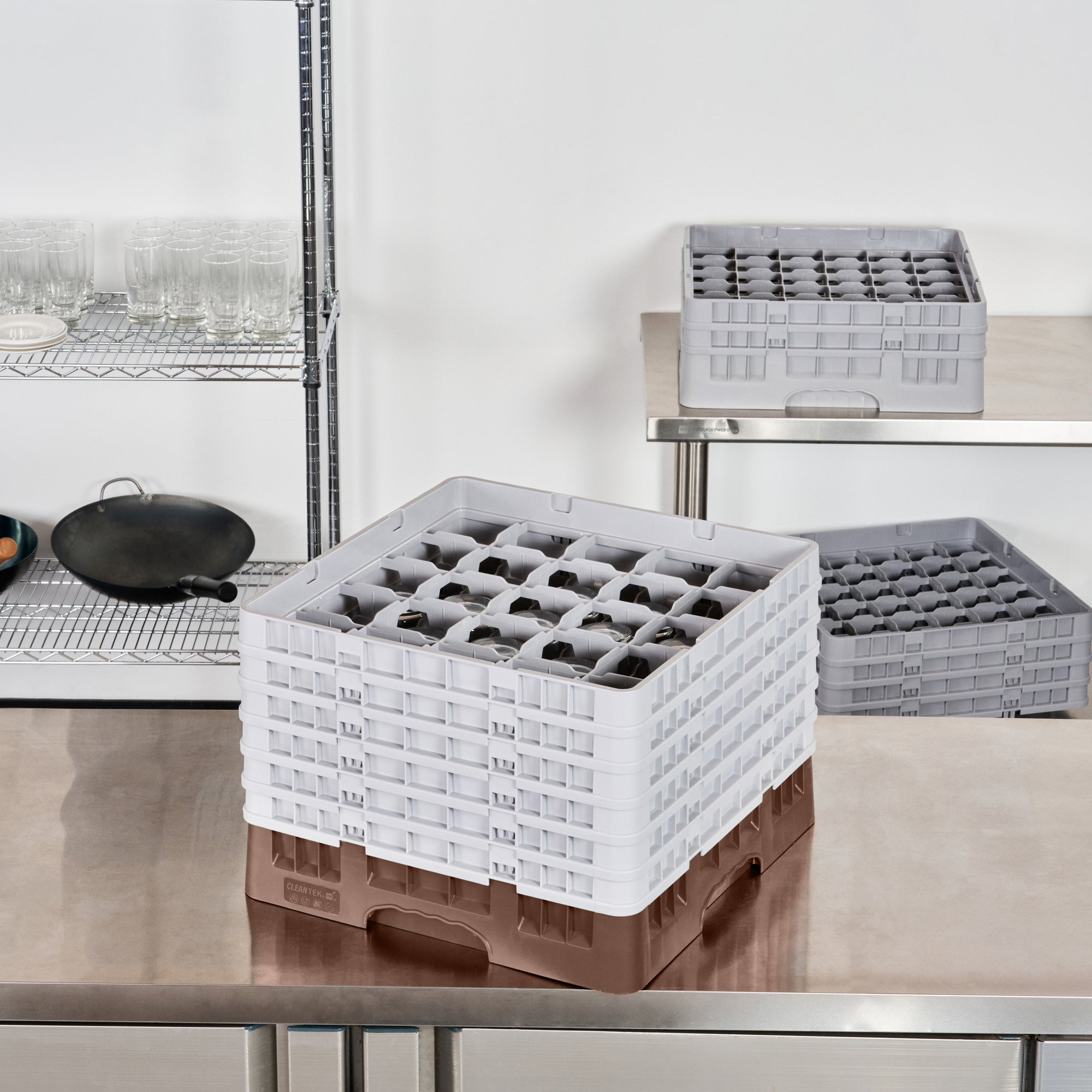 Clean Tek Professional Brown Glass Rack - 25 Compartments, 1 Full Drop and 5 Half Drop Extenders - 19 3/4" x 19 3/4" x 13 3/4" - 1 count box
