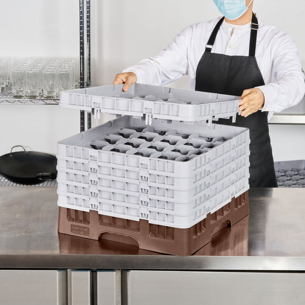 Clean Tek Professional Brown Glass Rack - 25 Compartments, 1 Full Drop and 5 Half Drop Extenders - 19 3/4" x 19 3/4" x 13 3/4" - 1 count box