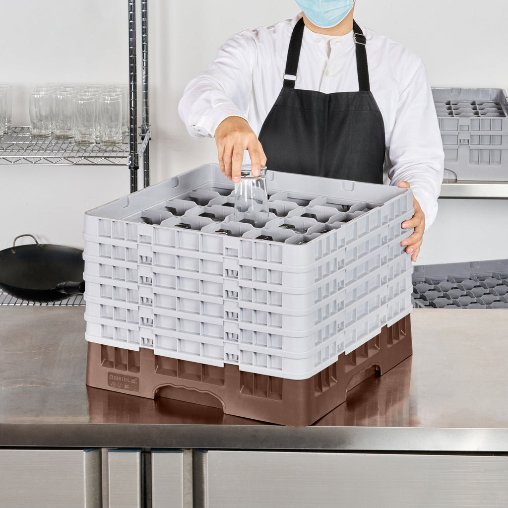 Clean Tek Professional Brown Glass Rack - 25 Compartments, 1 Full Drop and 5 Half Drop Extenders - 19 3/4" x 19 3/4" x 13 3/4" - 1 count box