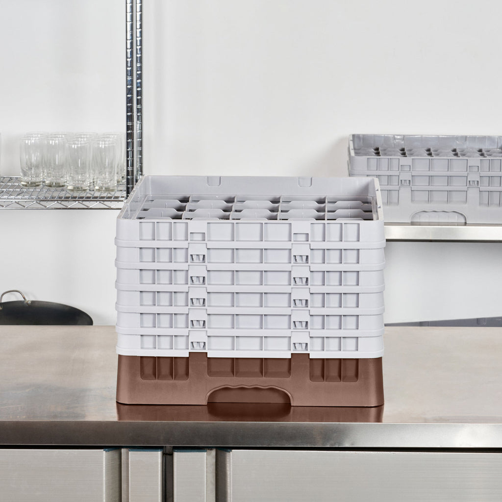 Clean Tek Professional Brown Glass Rack - 25 Compartments, 1 Full Drop and 5 Half Drop Extenders - 19 3/4" x 19 3/4" x 13 3/4" - 1 count box