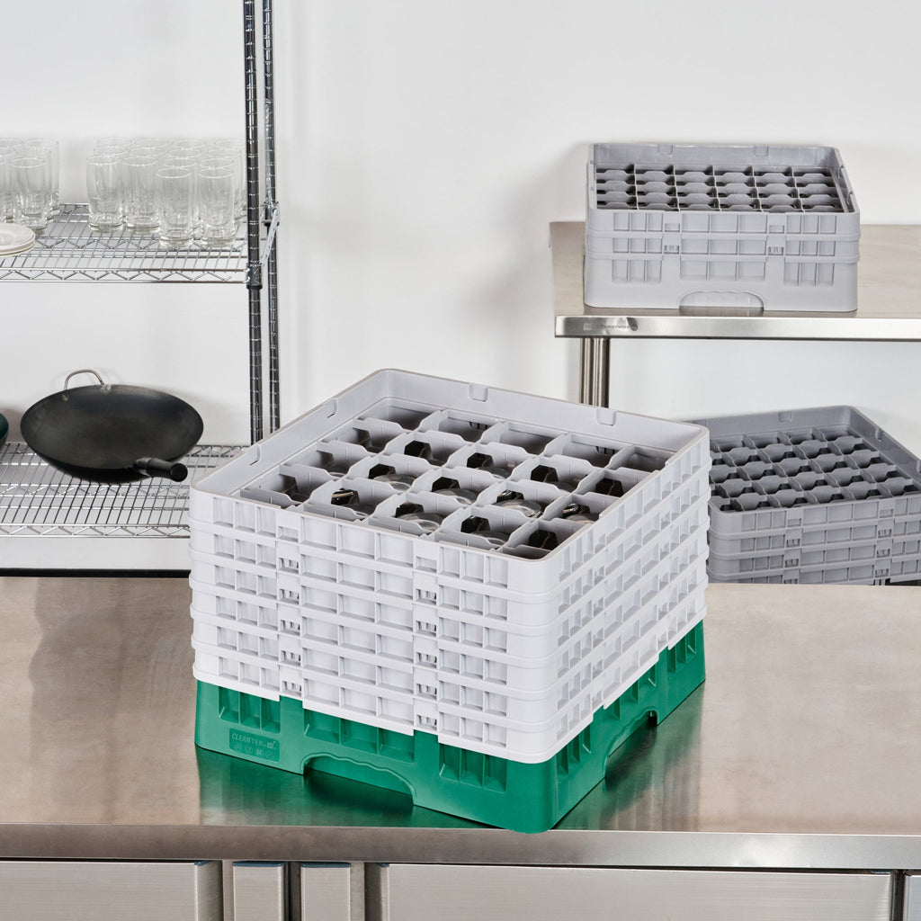 Clean Tek Professional Green Glass Rack - 25 Compartments, 1 Full Drop and 5 Half Drop Extenders - 19 3/4" x 19 3/4" x 13 3/4" - 1 count box