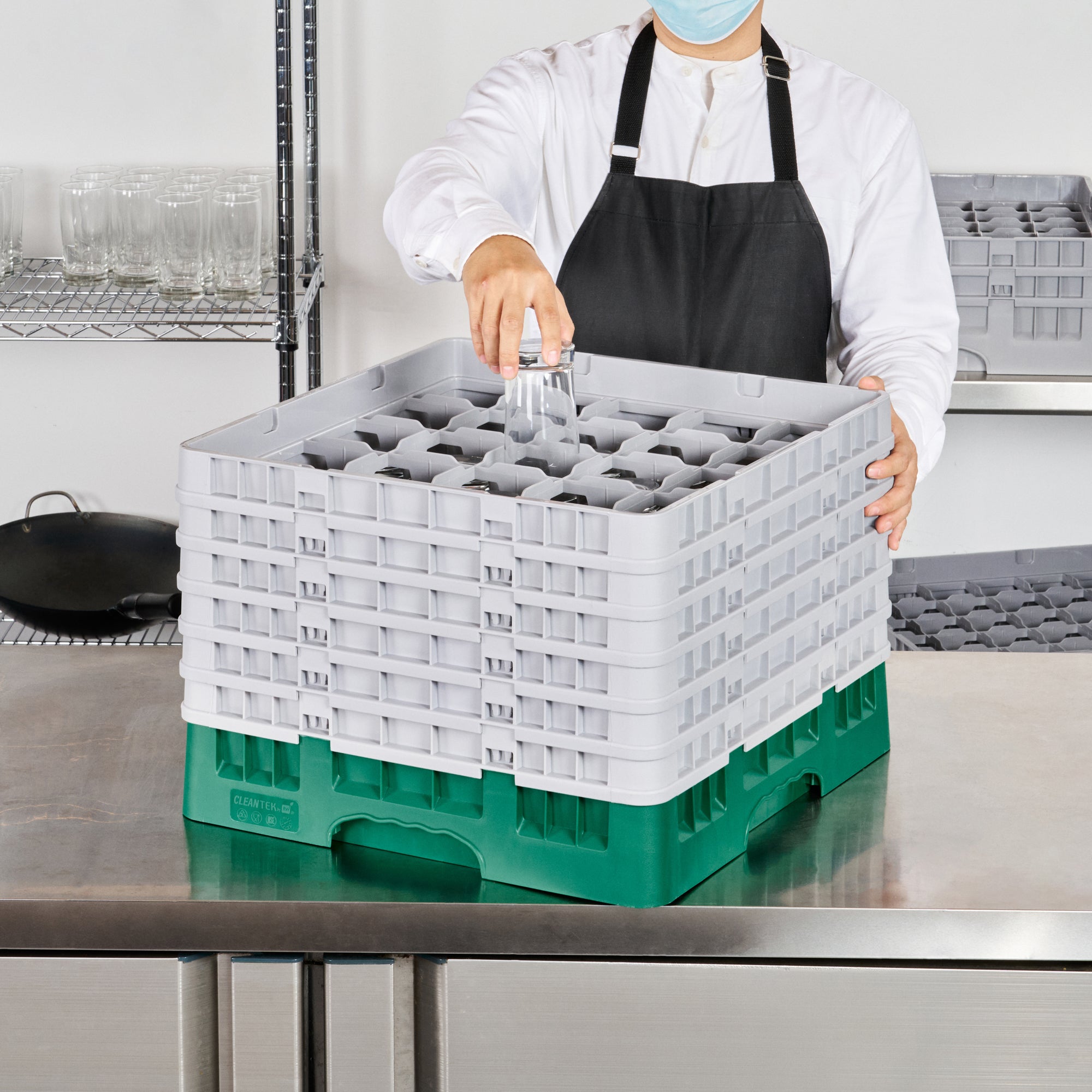Clean Tek Professional Green Glass Rack - 25 Compartments, 1 Full Drop and 5 Half Drop Extenders - 19 3/4" x 19 3/4" x 13 3/4" - 1 count box