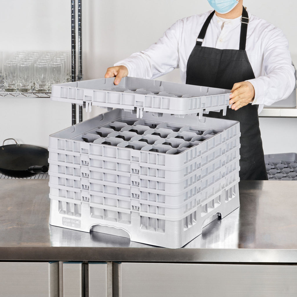 Clean Tek Professional Gray Glass Rack - 25 Compartments, 1 Full Drop and 5 Half Drop Extenders - 19 3/4" x 19 3/4" x 13 3/4" - 1 count box