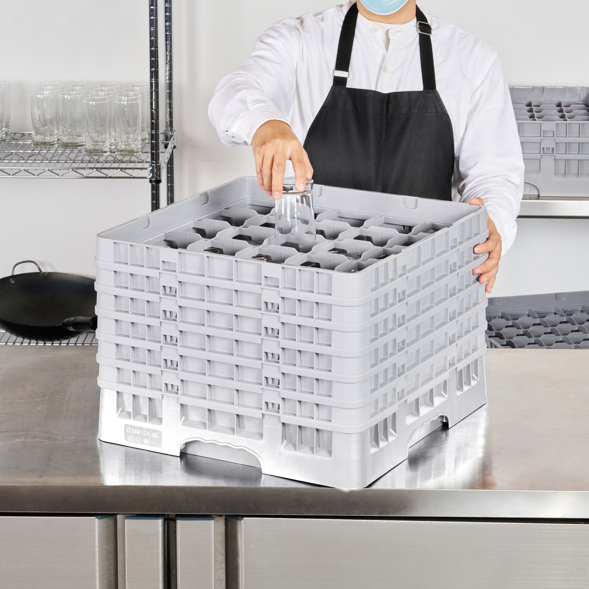 Clean Tek Professional Gray Glass Rack - 25 Compartments, 1 Full Drop and 5 Half Drop Extenders - 19 3/4" x 19 3/4" x 13 3/4" - 1 count box