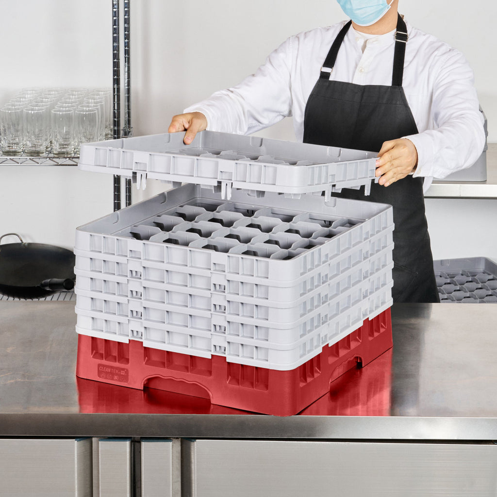 Clean Tek Professional Red Glass Rack - 25 Compartments, 1 Full Drop and 5 Half Drop Extenders - 19 3/4" x 19 3/4" x 13 3/4" - 1 count box