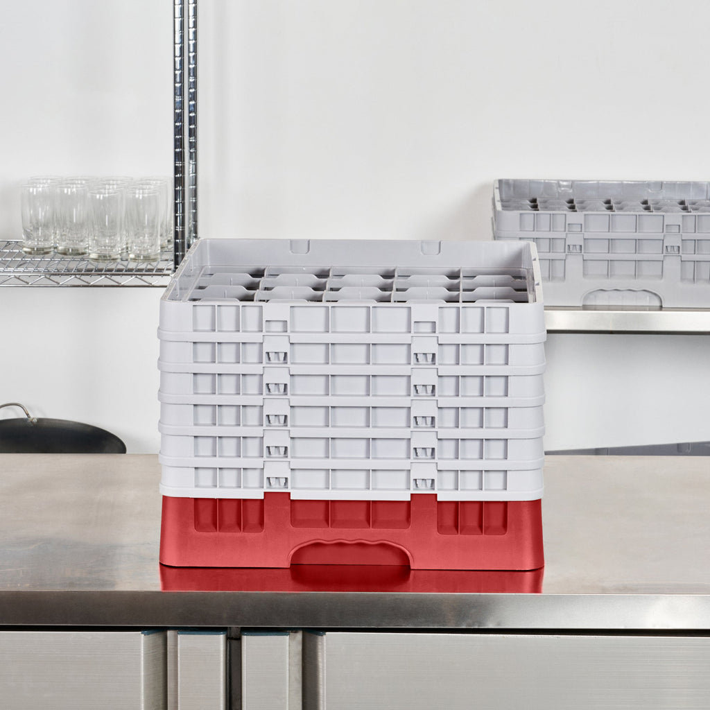 Clean Tek Professional Red Glass Rack - 25 Compartments, 1 Full Drop and 5 Half Drop Extenders - 19 3/4" x 19 3/4" x 13 3/4" - 1 count box
