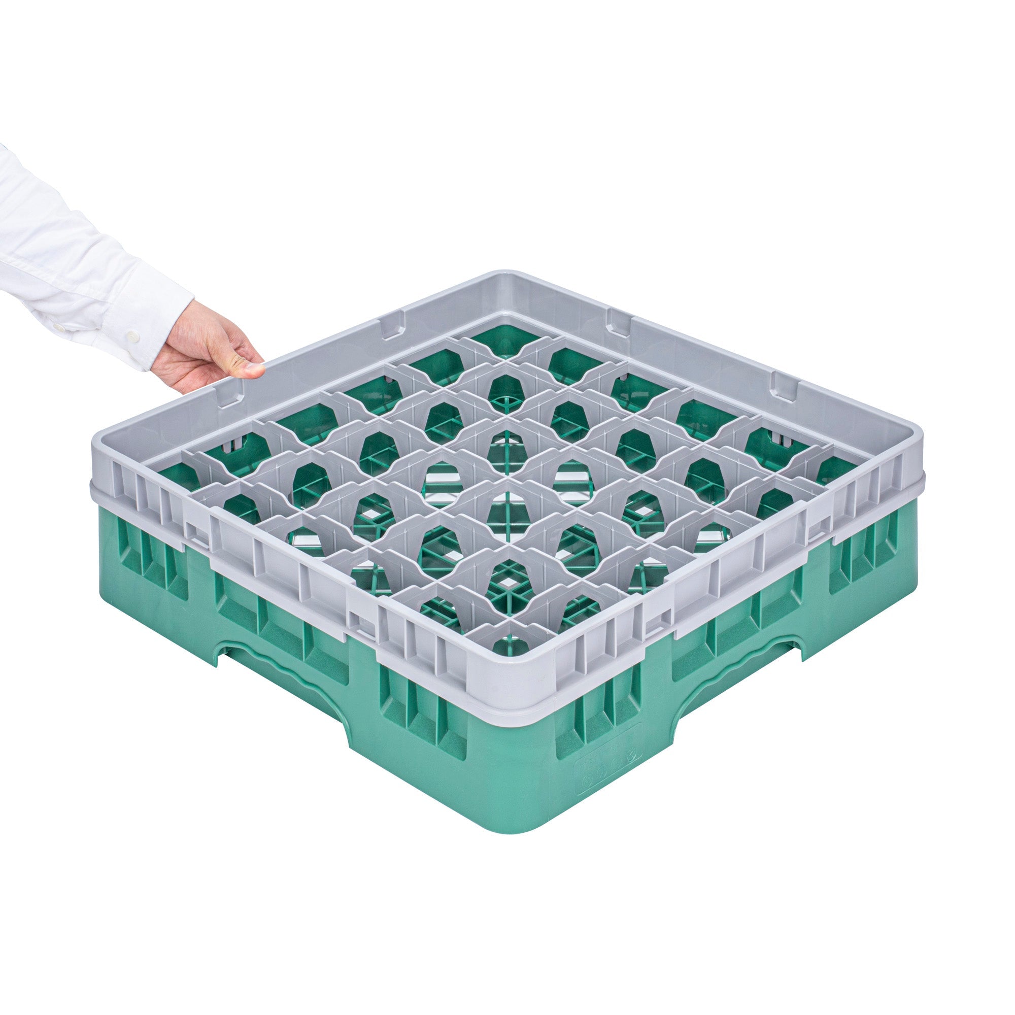 Clean Tek Professional Green Glass Rack - 36 Compartments, 1 Full Drop Extender - 19 3/4" x 19 3/4" x 5 3/4" - 1 count box