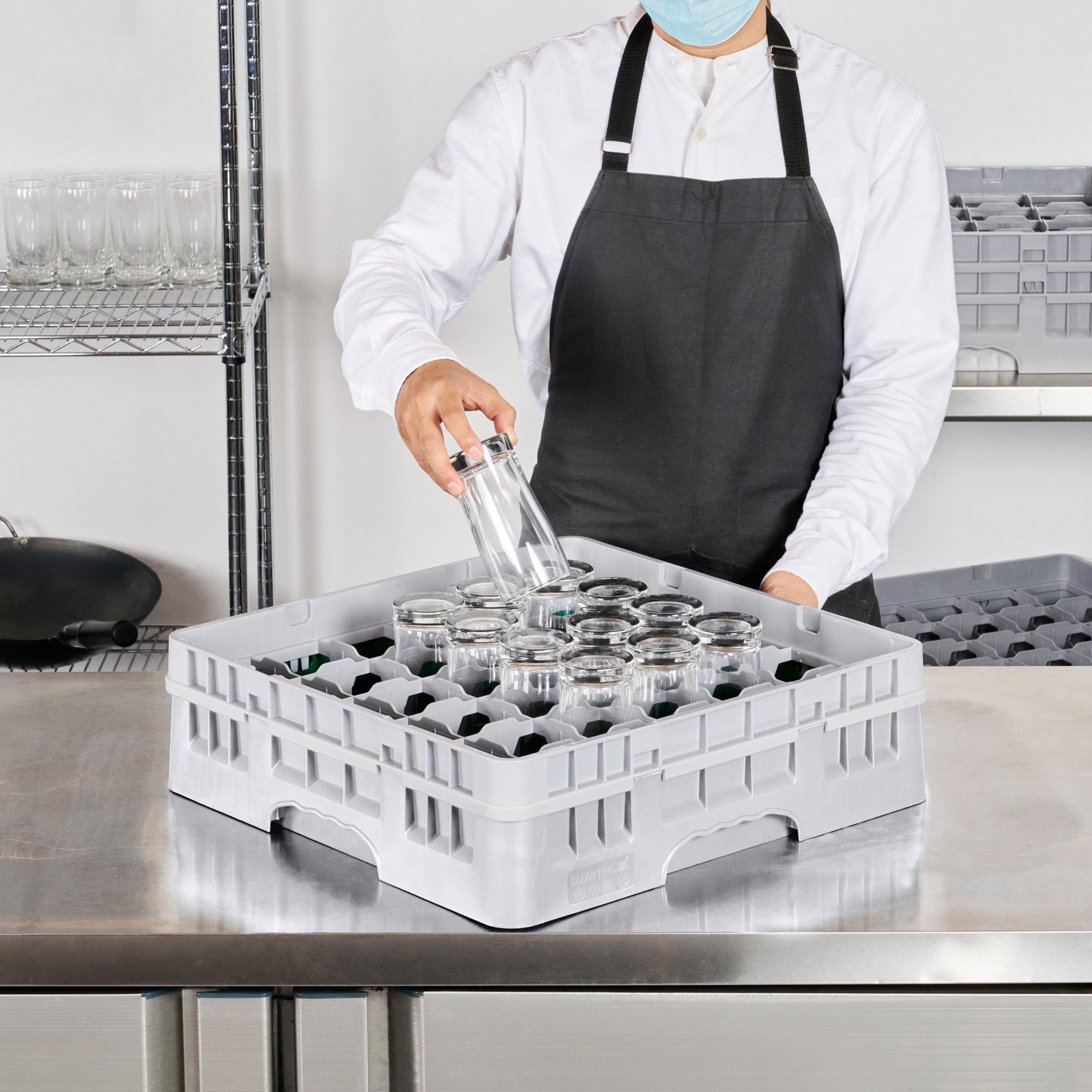 Clean Tek Professional Gray Glass Rack - 36 Compartments, 1 Full Drop Extender - 19 3/4" x 19 3/4" x 5 3/4" - 1 count box