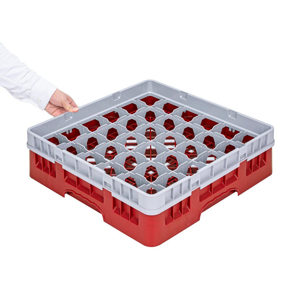 Clean Tek Professional Red Glass Rack - 36 Compartments, 1 Full Drop Extender - 19 3/4" x 19 3/4" x 5 3/4" - 1 count box