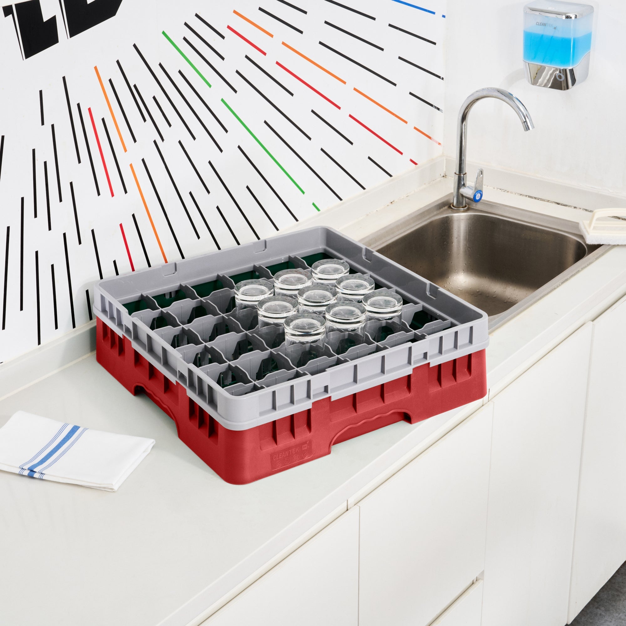 Clean Tek Professional Red Glass Rack - 36 Compartments, 1 Full Drop Extender - 19 3/4" x 19 3/4" x 5 3/4" - 1 count box