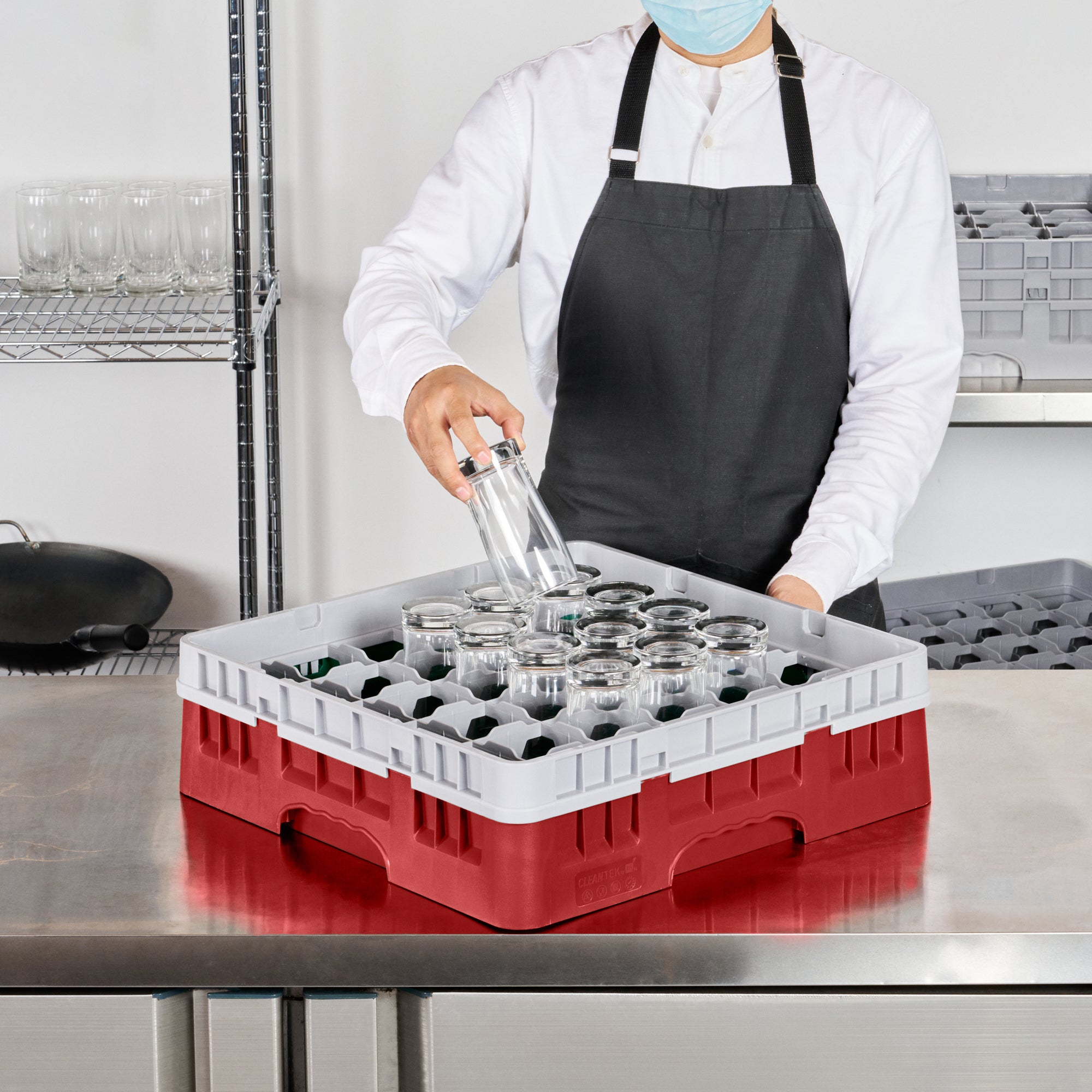 Clean Tek Professional Red Glass Rack - 36 Compartments, 1 Full Drop Extender - 19 3/4" x 19 3/4" x 5 3/4" - 1 count box