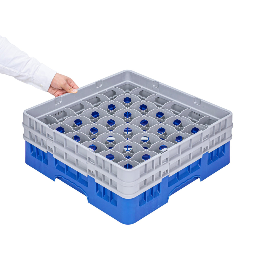 Clean Tek Professional Blue Glass Rack - 36 Compartments, 1 Full Drop and 1 Half Drop Extender - 19 3/4" x 19 3/4" x 7 1/4" - 1 count box