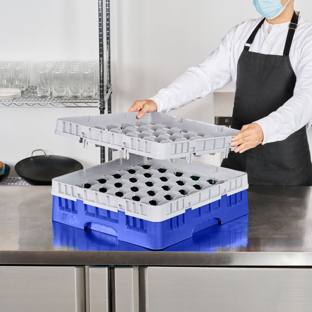 Clean Tek Professional Blue Glass Rack - 36 Compartments, 1 Full Drop and 1 Half Drop Extender - 19 3/4" x 19 3/4" x 7 1/4" - 1 count box