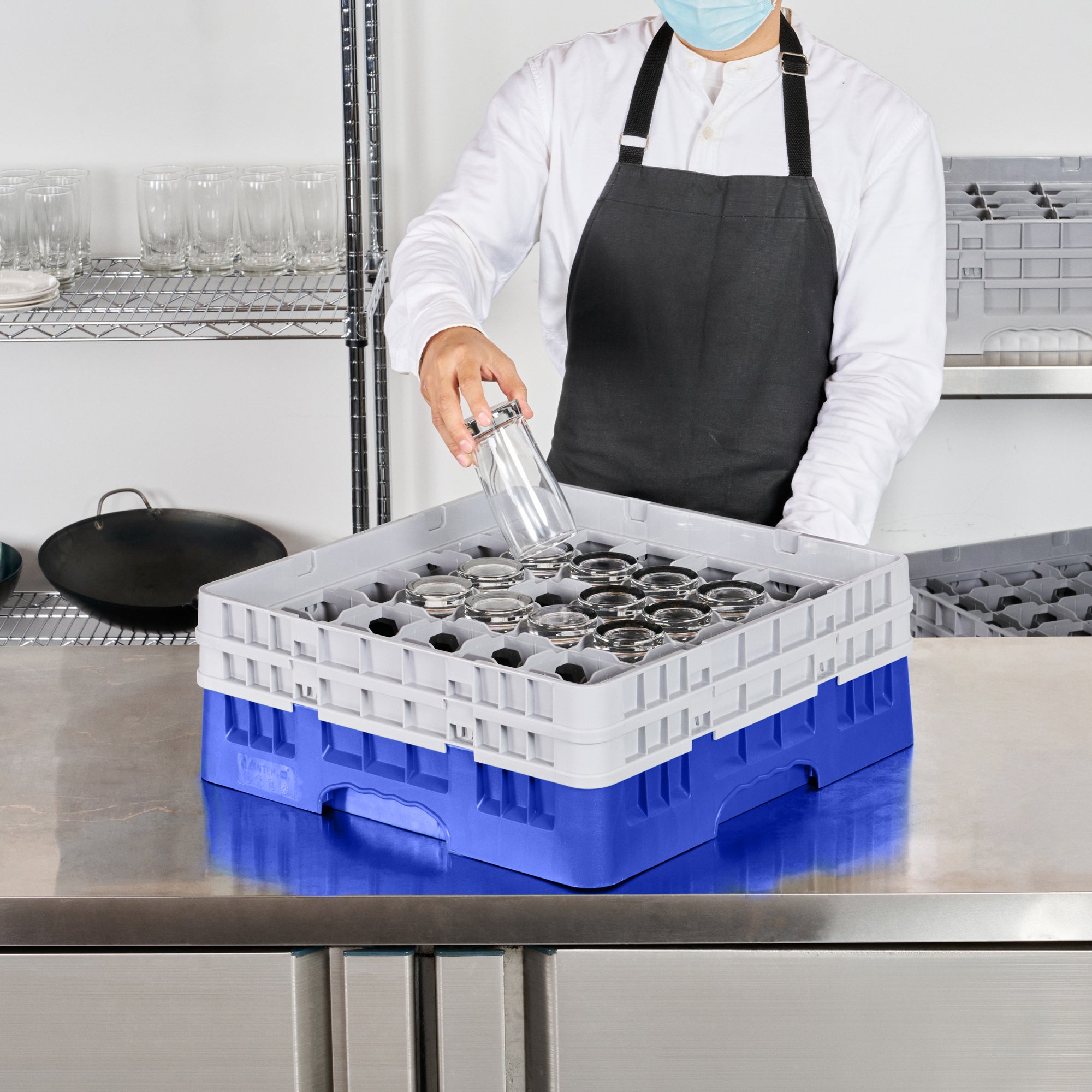 Clean Tek Professional Blue Glass Rack - 36 Compartments, 1 Full Drop and 1 Half Drop Extender - 19 3/4" x 19 3/4" x 7 1/4" - 1 count box