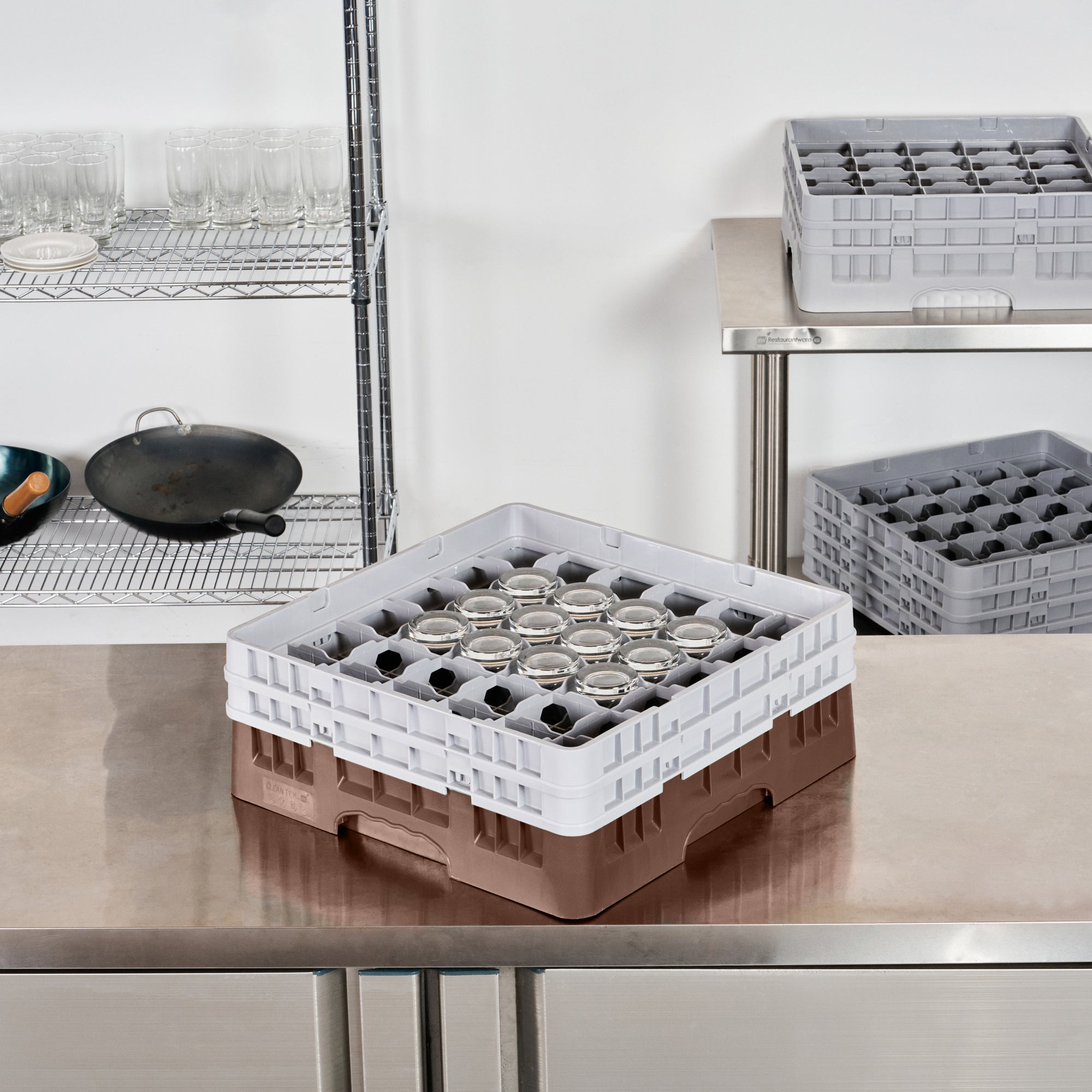 Clean Tek Professional Brown Glass Rack - 36 Compartments, 1 Full Drop and 1 Half Drop Extender - 19 3/4" x 19 3/4" x 7 1/4" - 1 count box