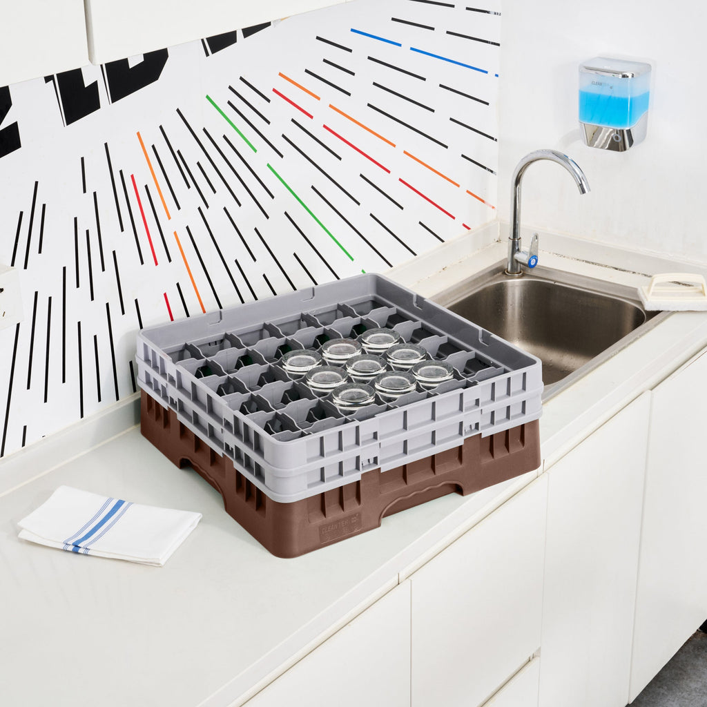 Clean Tek Professional Brown Glass Rack - 36 Compartments, 1 Full Drop and 1 Half Drop Extender - 19 3/4" x 19 3/4" x 7 1/4" - 1 count box