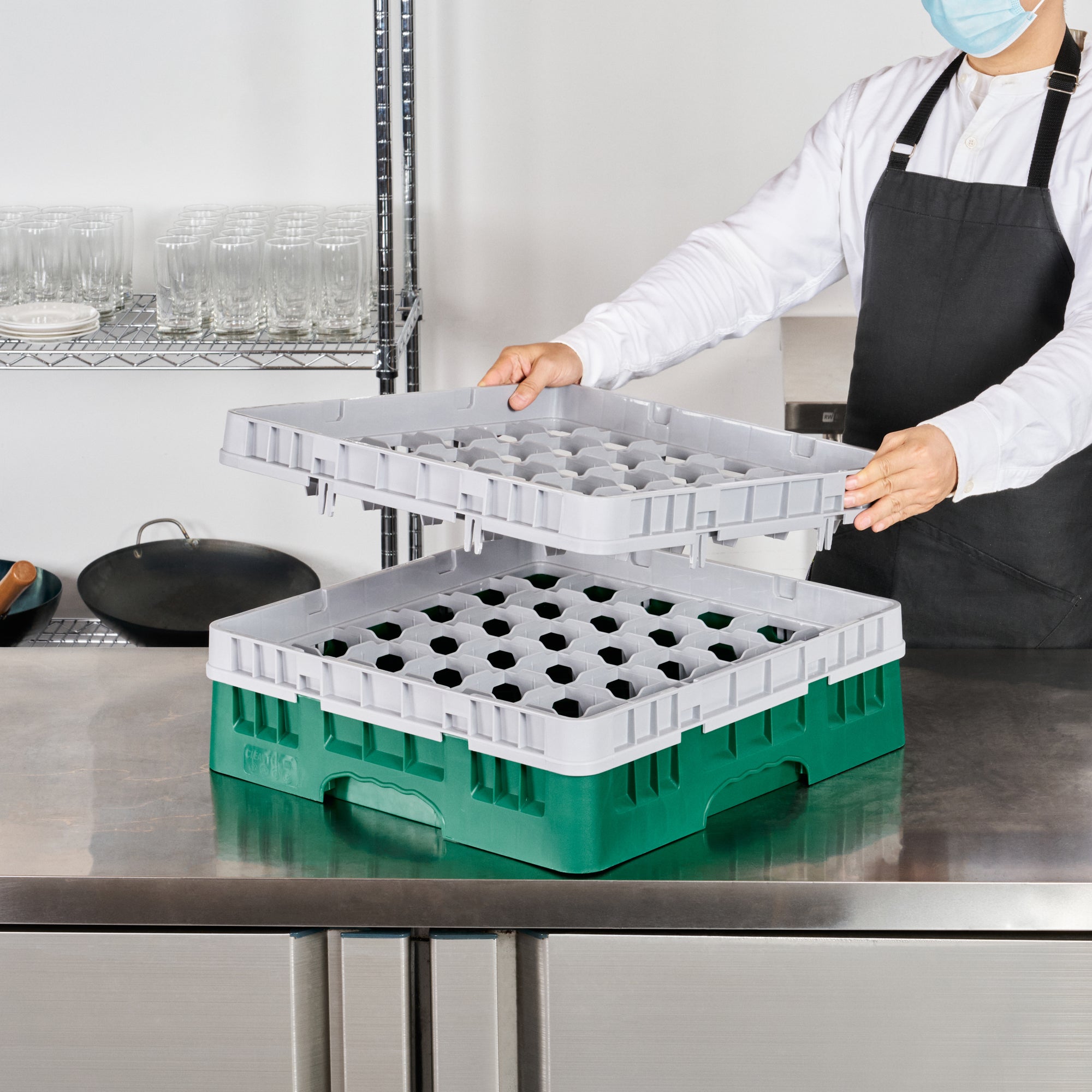 Clean Tek Professional Green Glass Rack - 36 Compartments, 1 Full Drop and 1 Half Drop Extender - 19 3/4" x 19 3/4" x 7 1/4" - 1 count box