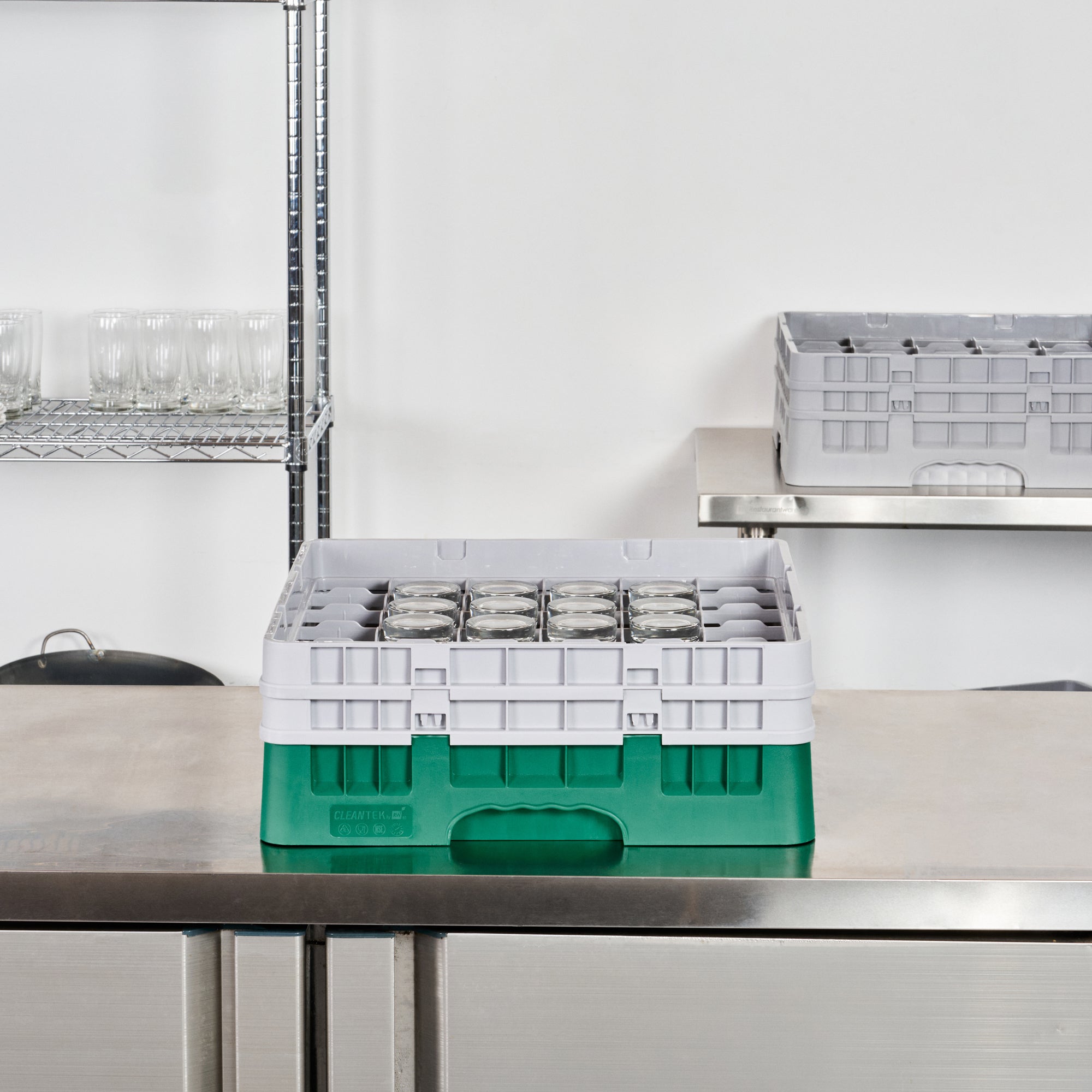Clean Tek Professional Green Glass Rack - 36 Compartments, 1 Full Drop and 1 Half Drop Extender - 19 3/4" x 19 3/4" x 7 1/4" - 1 count box
