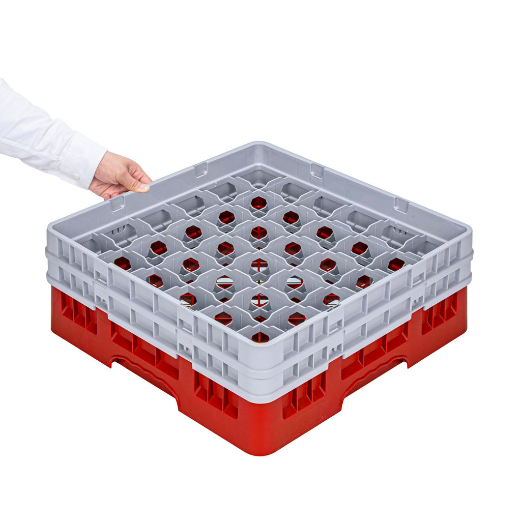 Clean Tek Professional Red Glass Rack - 36 Compartments, 1 Full Drop and 1 Half Drop Extender - 19 3/4" x 19 3/4" x 7 1/4" - 1 count box