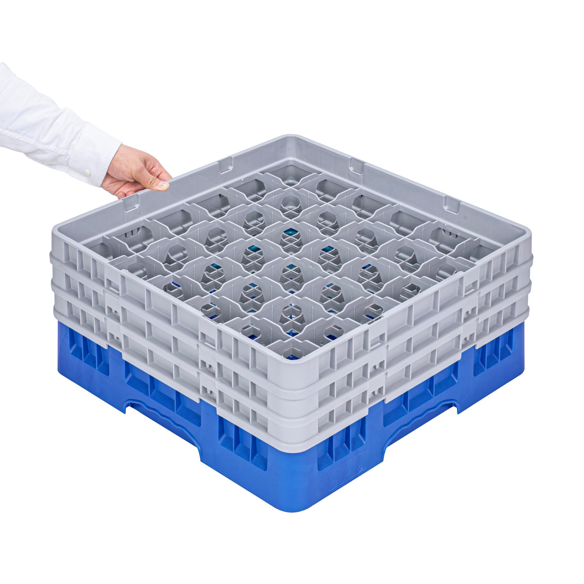 Clean Tek Professional Blue Glass Rack - 36 Compartments, 1 Full Drop and 2 Half Drop Extenders - 19 3/4" x 19 3/4" x 8 3/4" - 1 count box