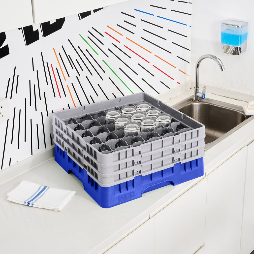 Clean Tek Professional Blue Glass Rack - 36 Compartments, 1 Full Drop and 2 Half Drop Extenders - 19 3/4" x 19 3/4" x 8 3/4" - 1 count box