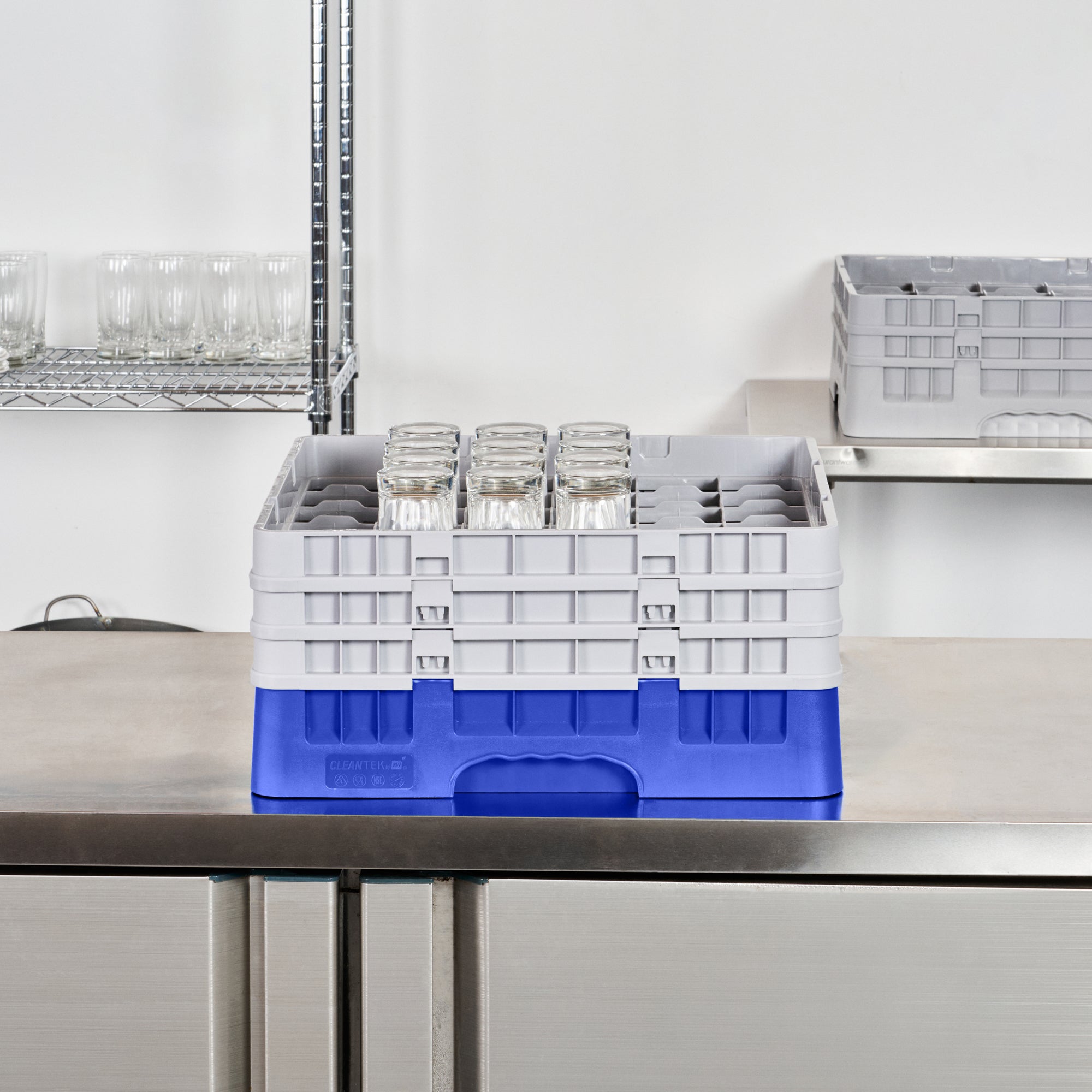Clean Tek Professional Blue Glass Rack - 36 Compartments, 1 Full Drop and 2 Half Drop Extenders - 19 3/4" x 19 3/4" x 8 3/4" - 1 count box